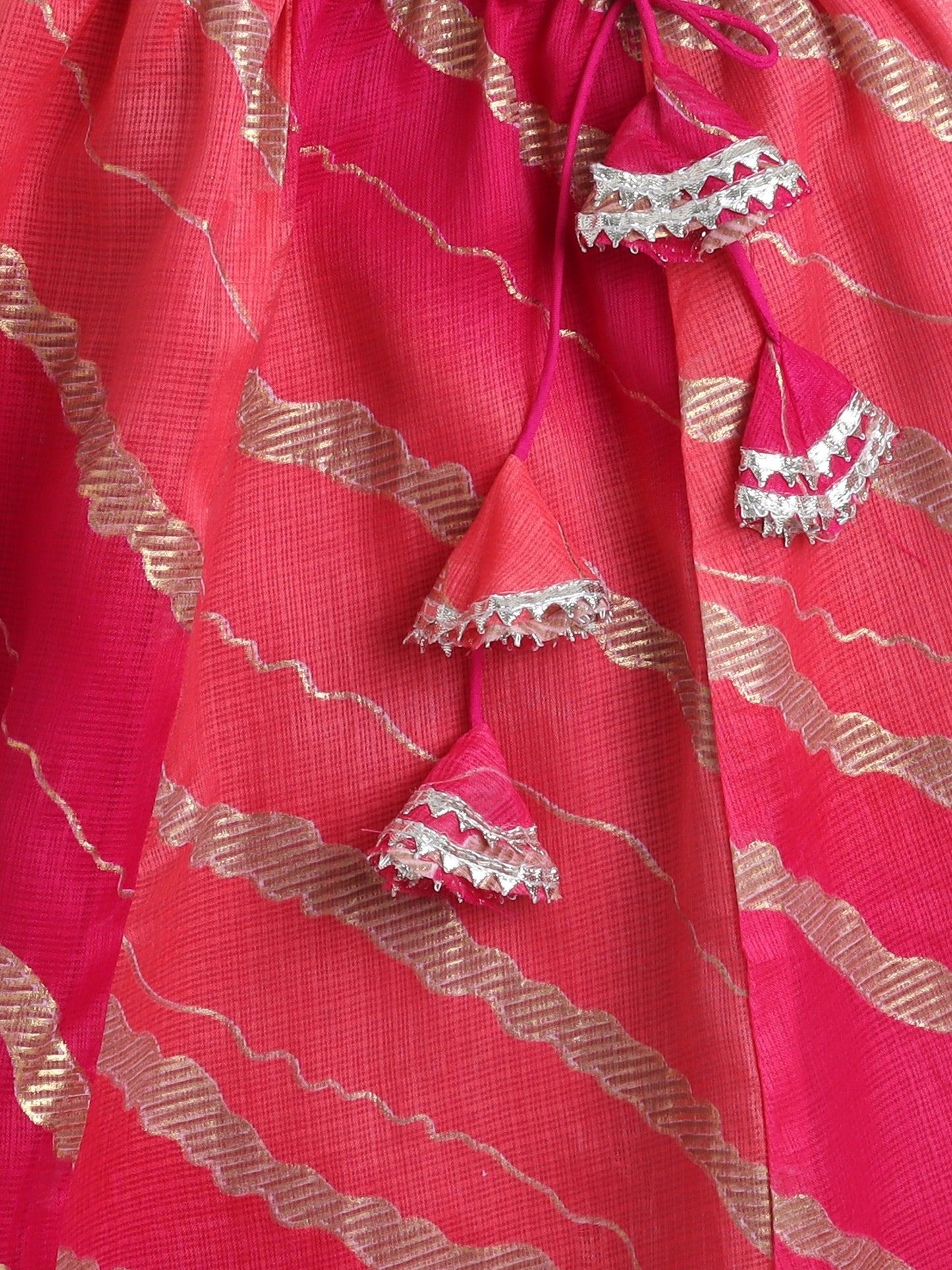 Kota Doria Lace Embellished Short Sleeves Choli With Lehenga And Dupatta Set For Girls-Fuchsia