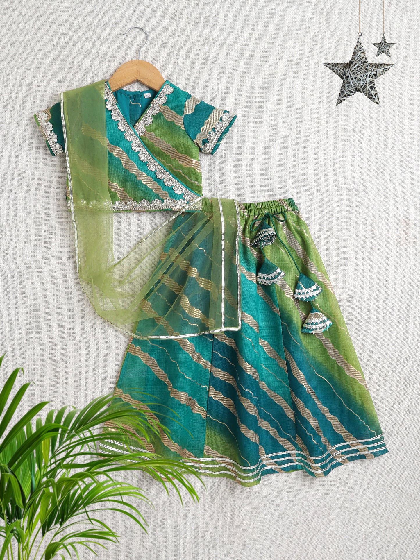 Kota Doria Lace Embellished Short Sleeves Choli With Lehenga And Dupatta Set For Girls-Green