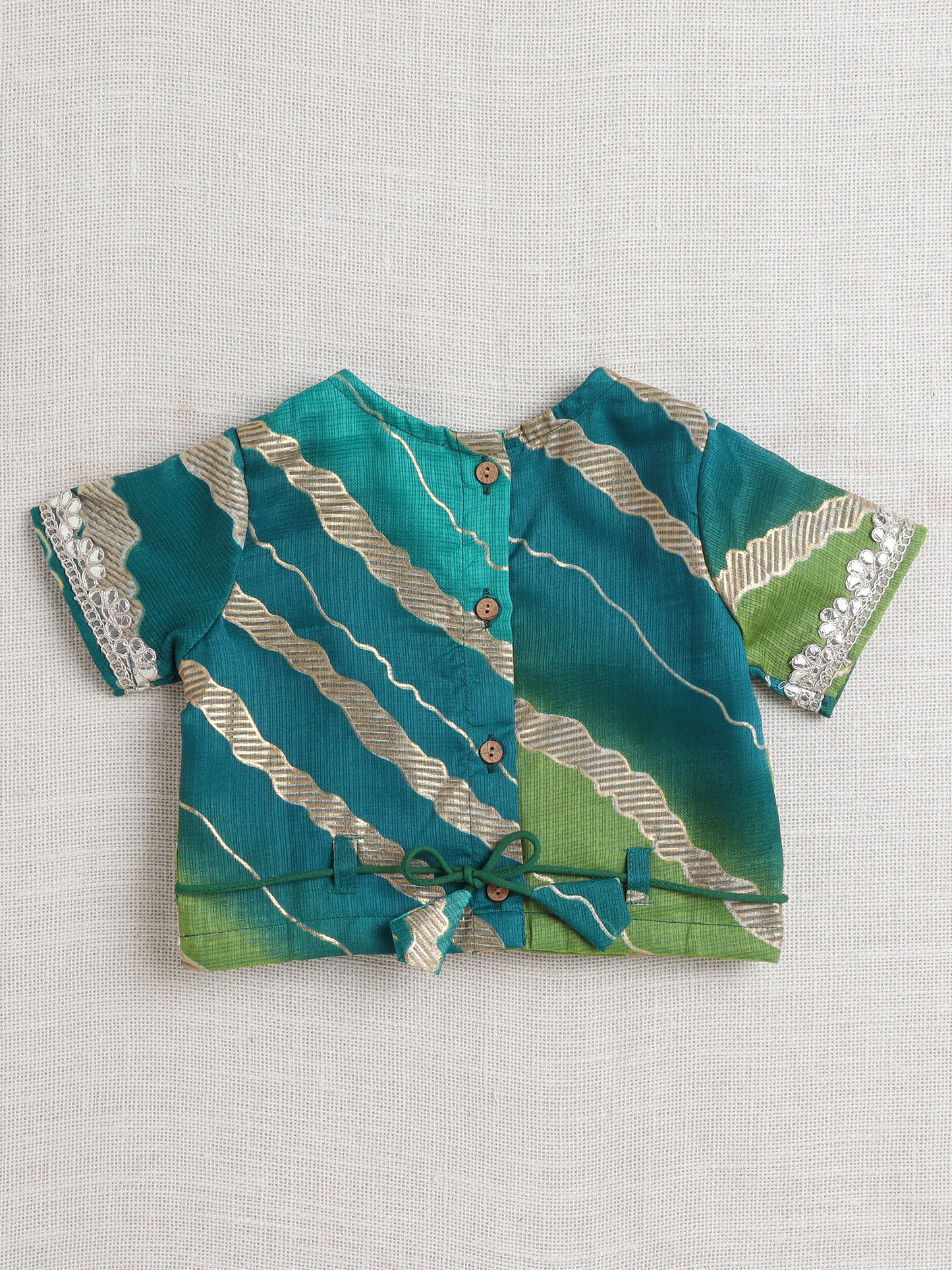 Kota Doria Lace Embellished Short Sleeves Choli With Lehenga And Dupatta Set For Girls-Green