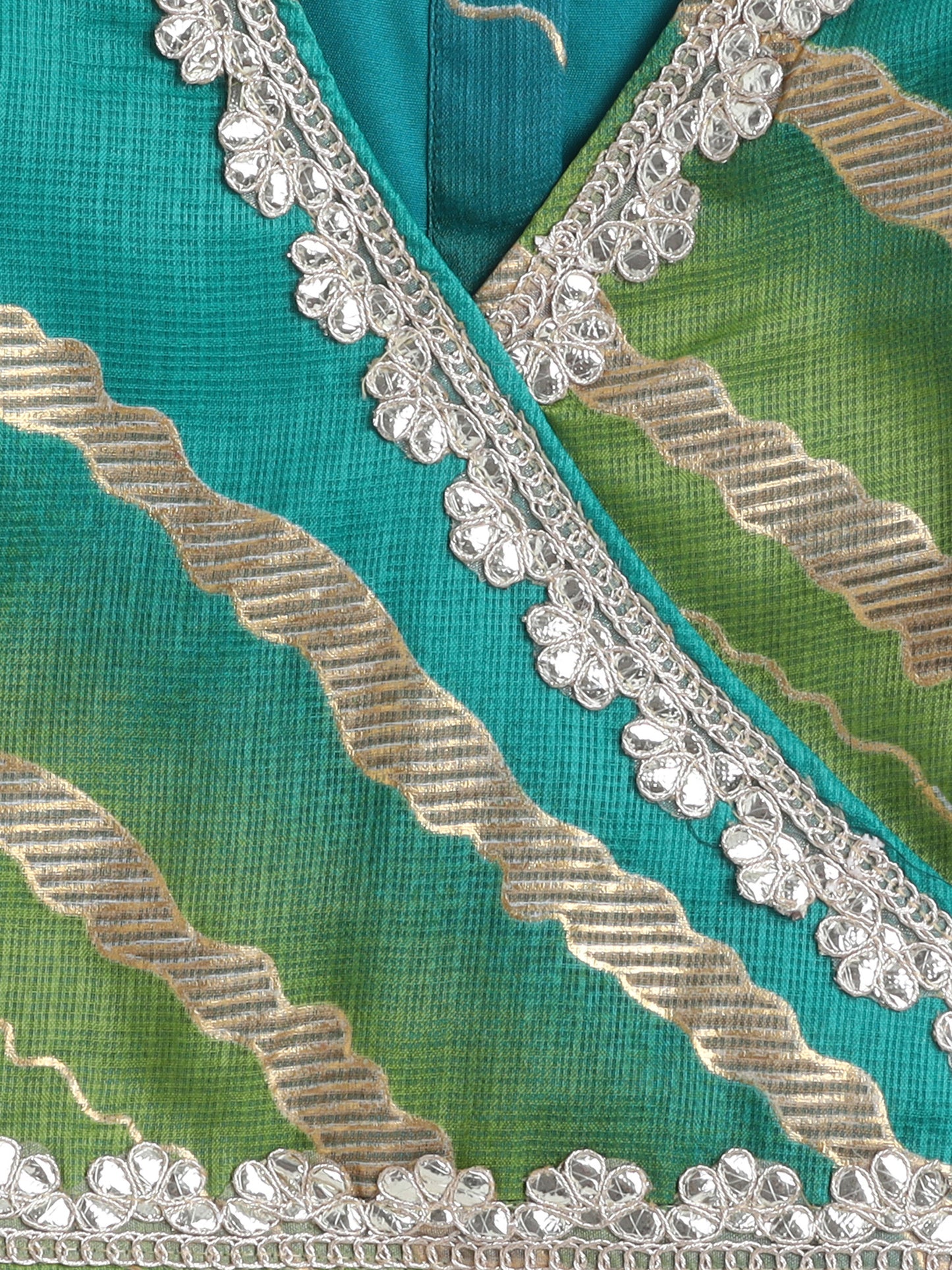 Kota Doria Lace Embellished Short Sleeves Choli With Lehenga And Dupatta Set For Girls-Green