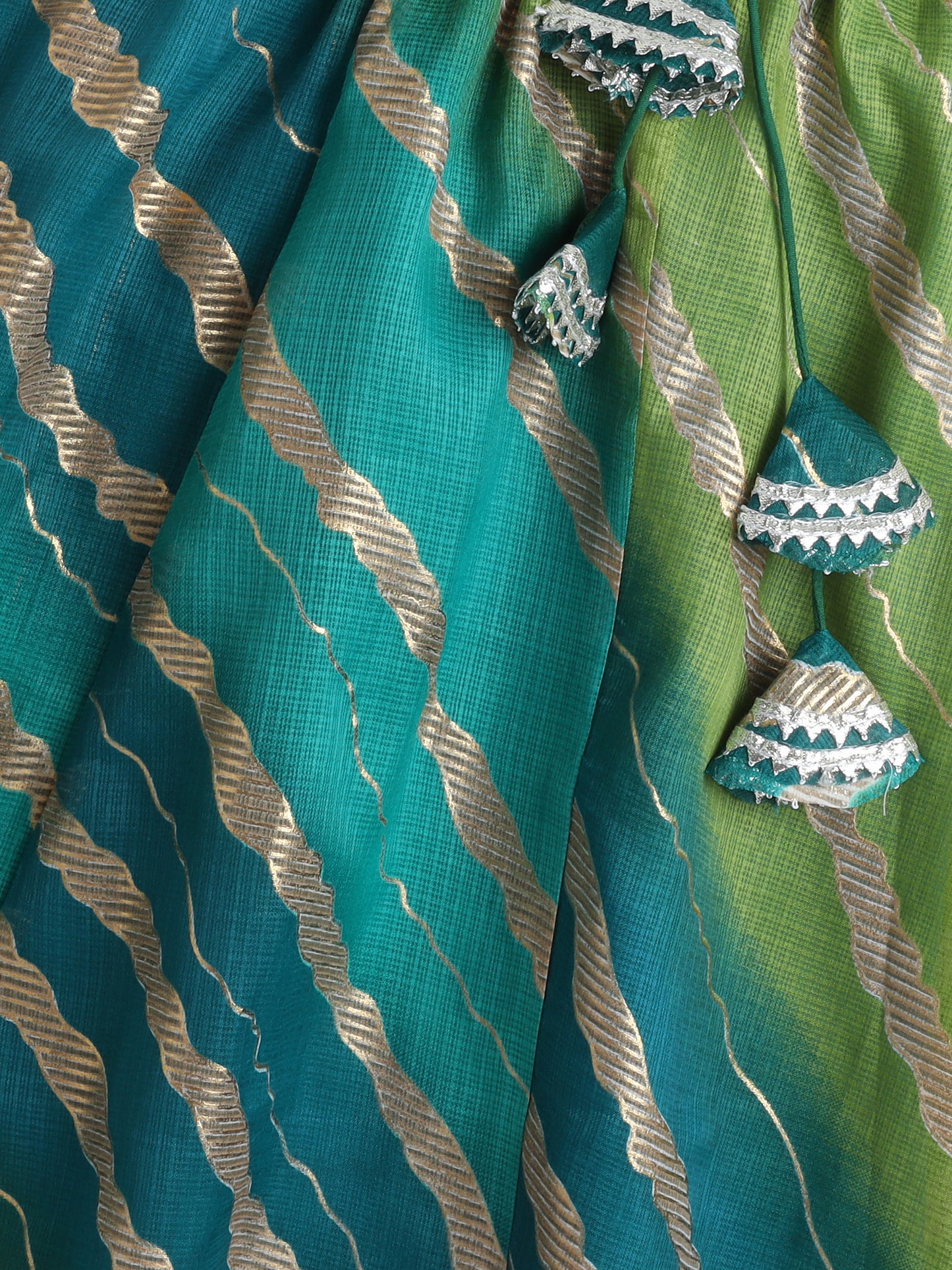 Kota Doria Lace Embellished Short Sleeves Choli With Lehenga And Dupatta Set For Girls-Green