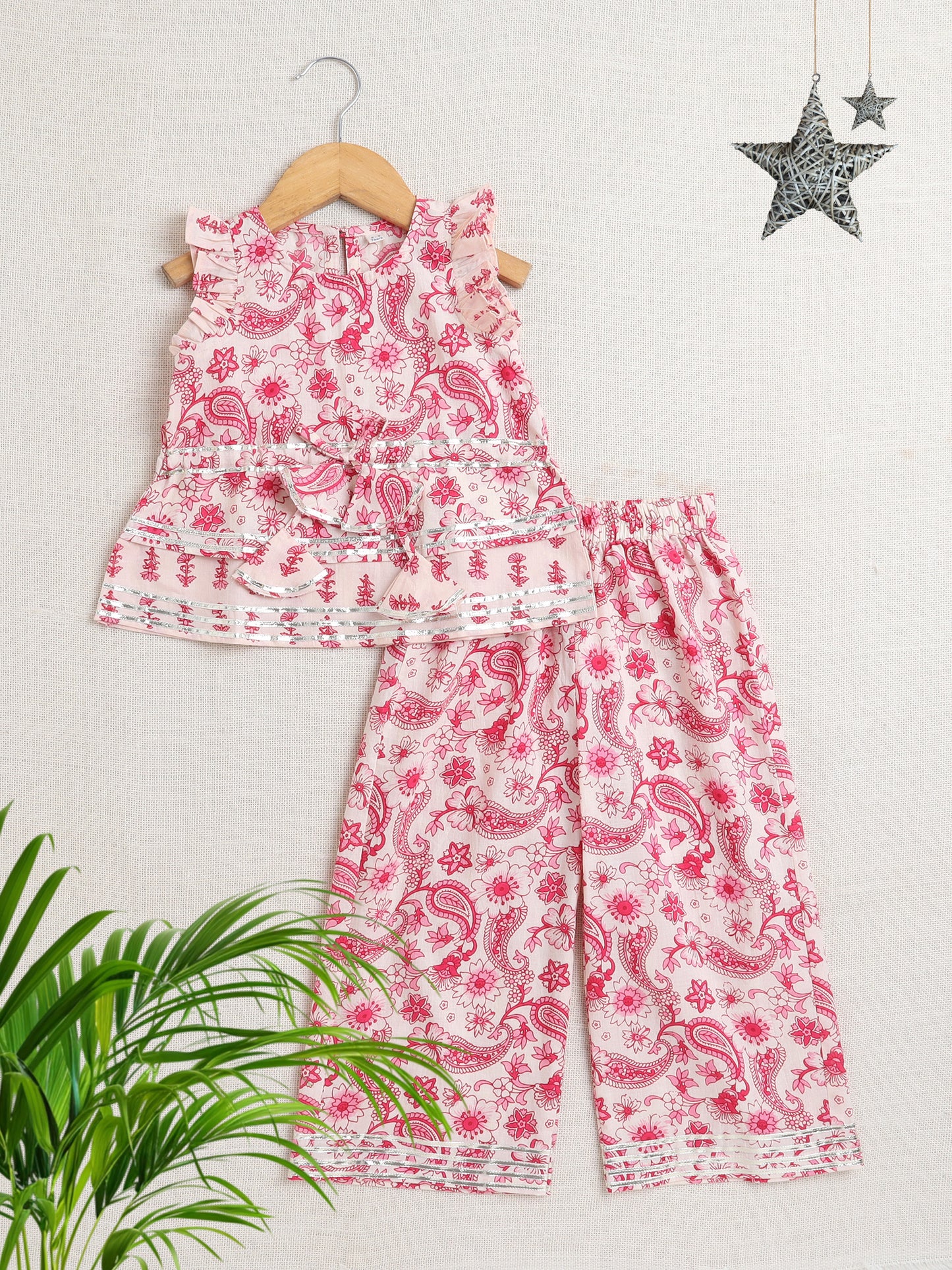 Floral Print Printed Sleeveless Top and Pant Set Co-Ords Set For Girls-Pink