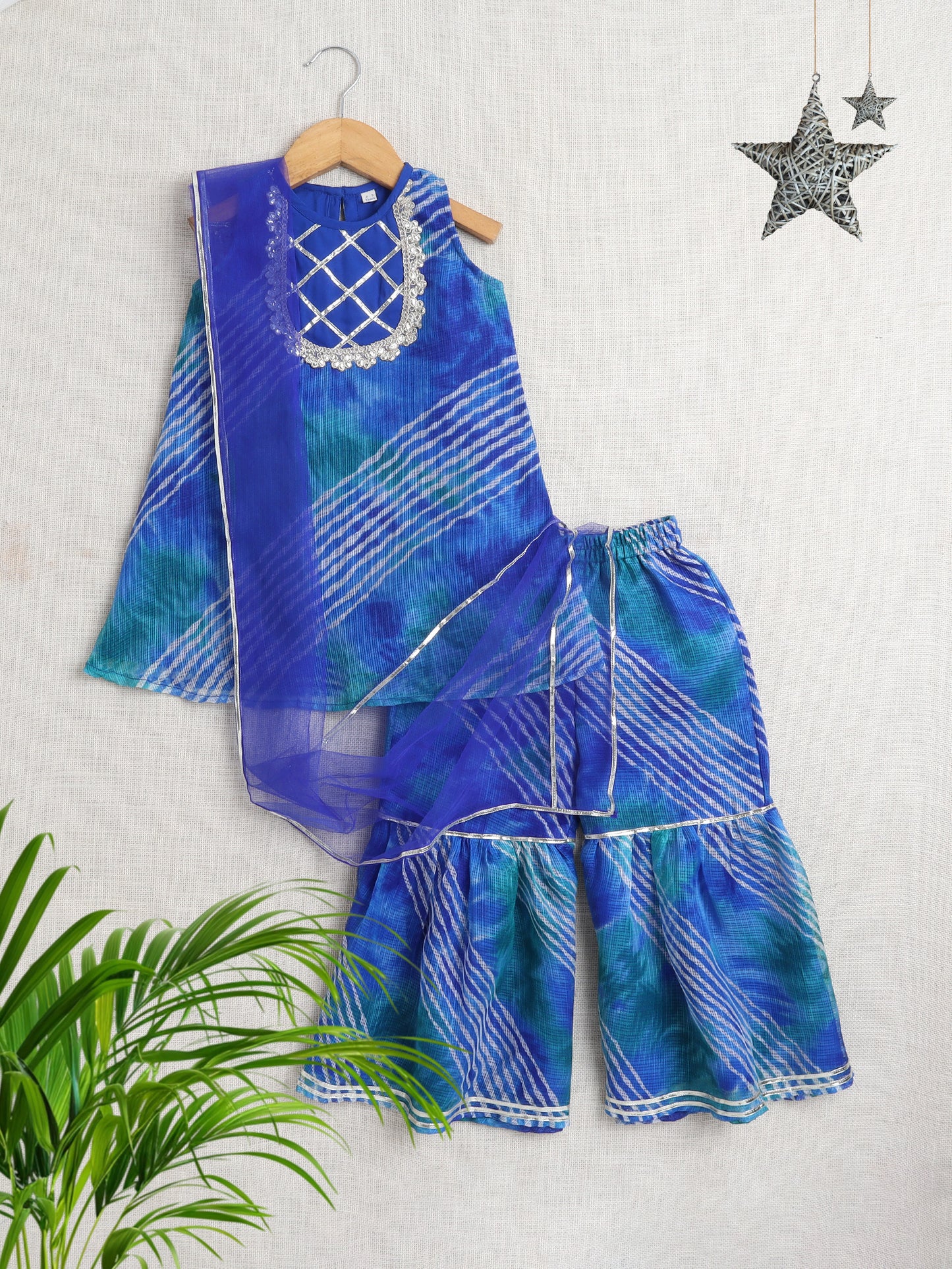 Sleeveless Floral Printed Gota Lace Embellished Kurta & Sharara Set With Dupatta-Blue