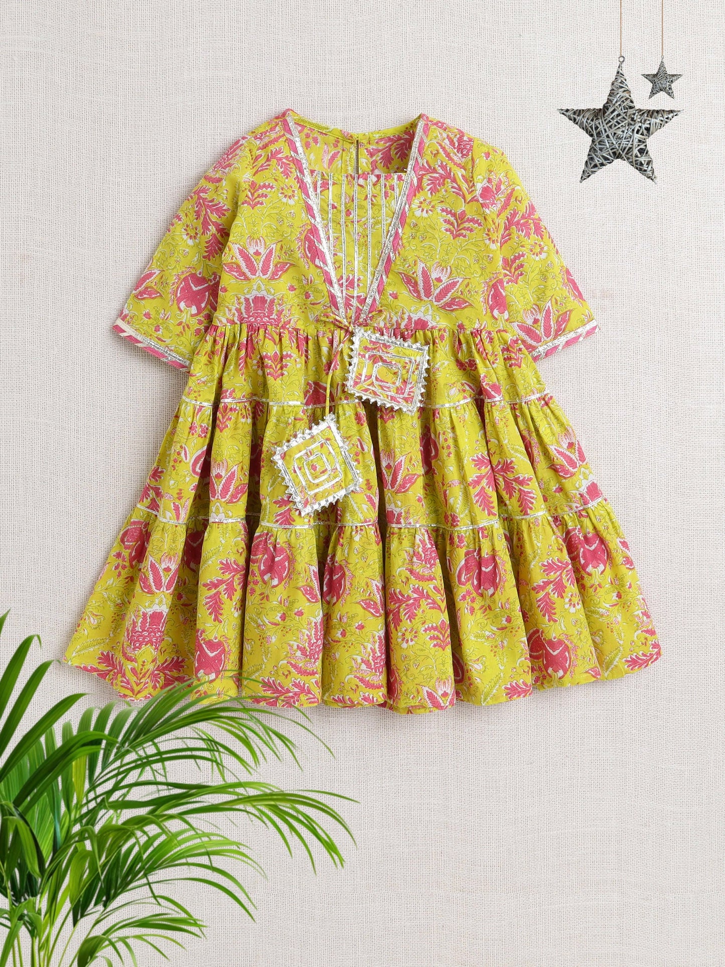 The Magic Wand Printed Short Sleeves Gora Lace & Tassle Detailing Tiered Gota Dress For Girls