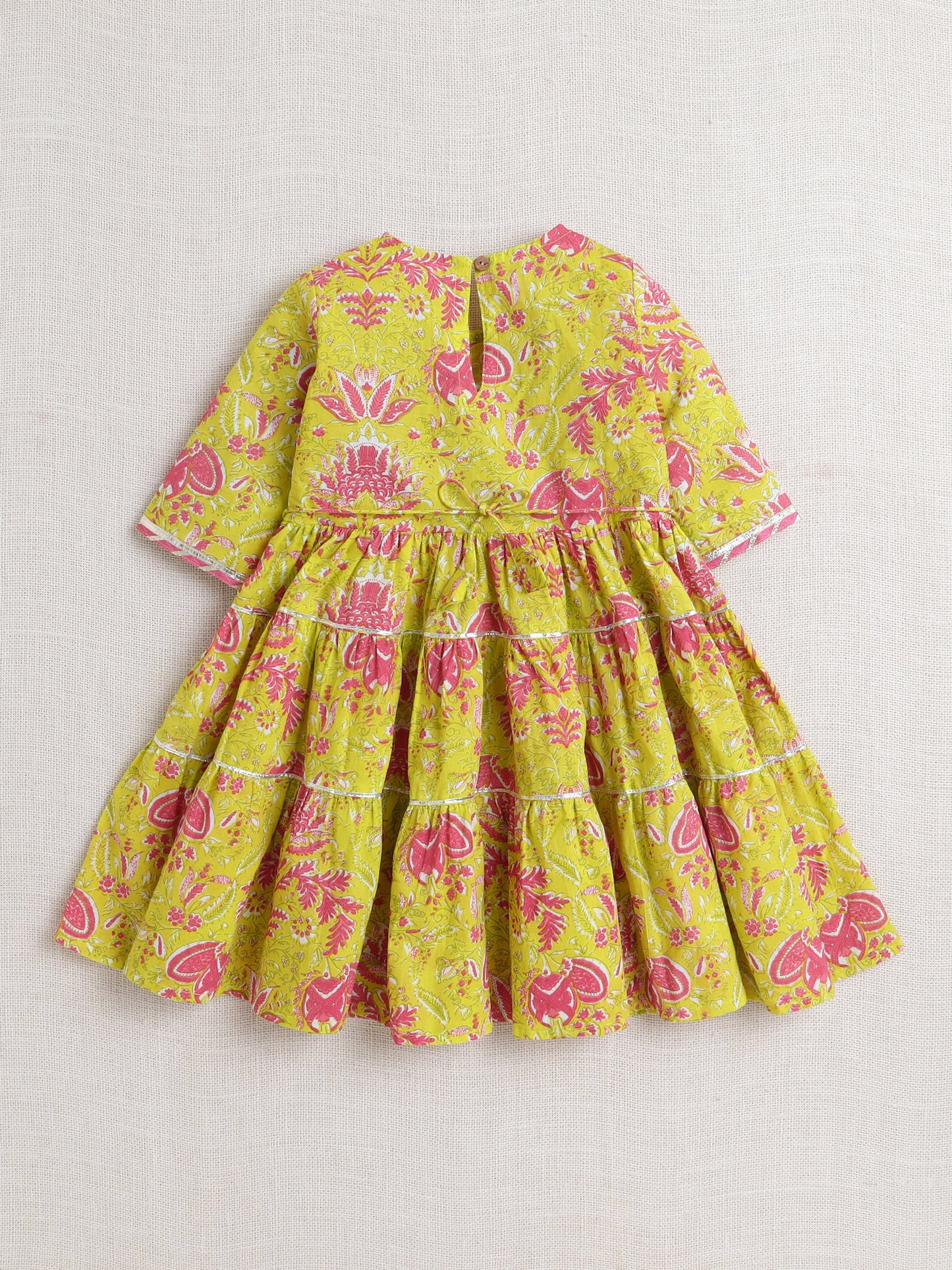 The Magic Wand Printed Short Sleeves Gora Lace & Tassle Detailing Tiered Gota Dress For Girls