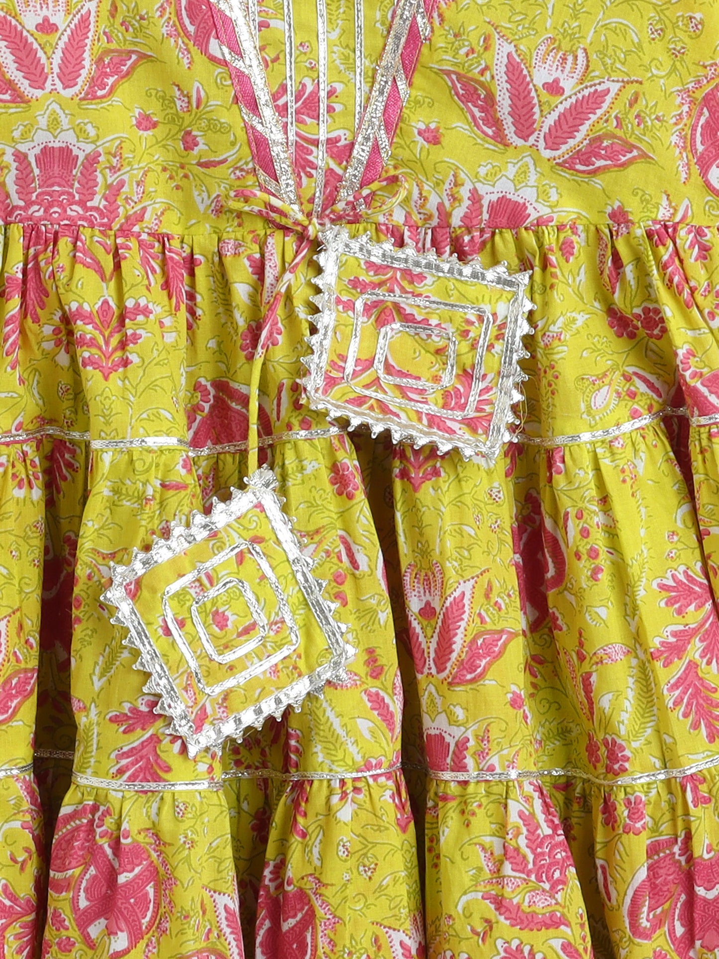 The Magic Wand Printed Short Sleeves Gora Lace & Tassle Detailing Tiered Gota Dress For Girls