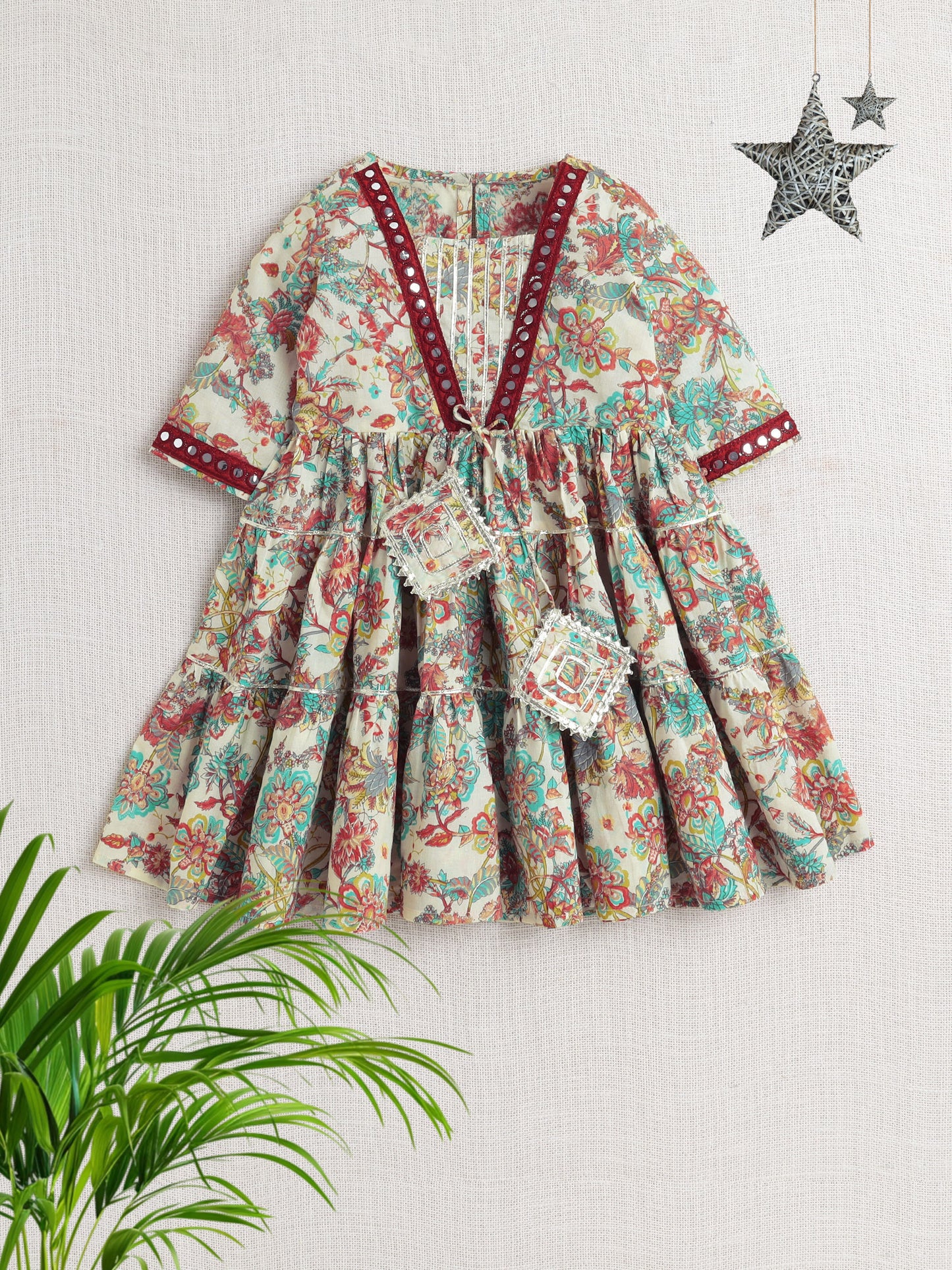 Printed Short Sleeves Aabla Lace & Tassle Detailing Tiered Gota Dress For Girls