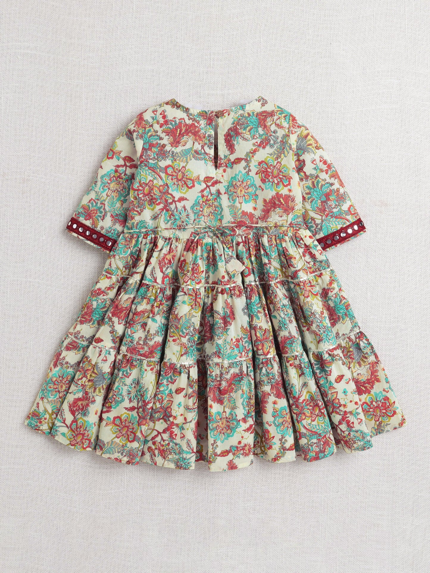 Printed Short Sleeves Aabla Lace & Tassle Detailing Tiered Gota Dress For Girls