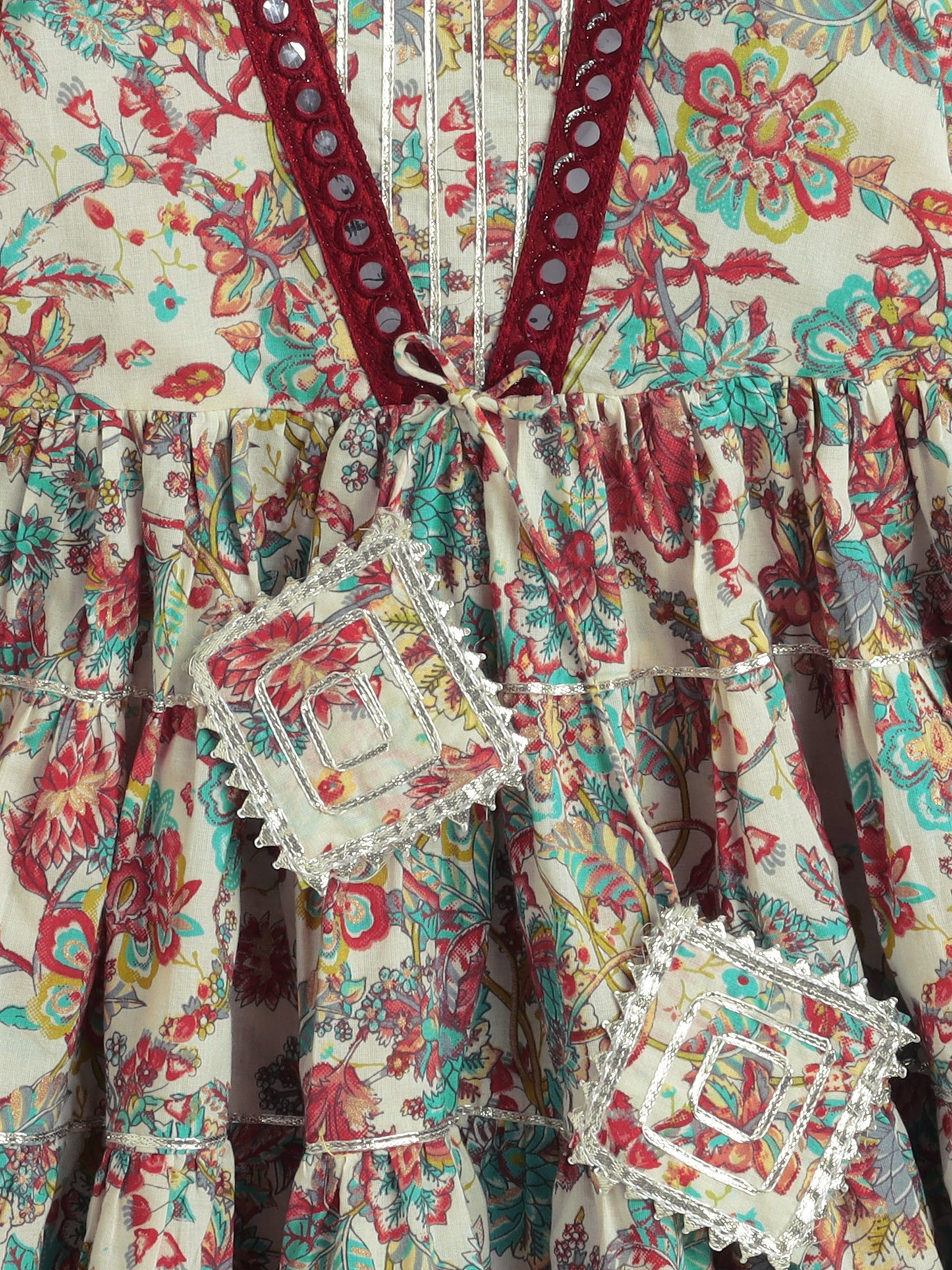 Printed Short Sleeves Aabla Lace & Tassle Detailing Tiered Gota Dress For Girls