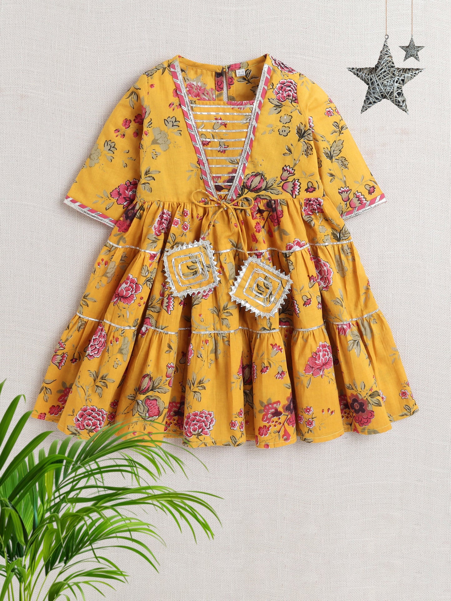 Printed Short Sleeves Gora Lace & Tassle Detailing Tiered Gota Dress For Girls