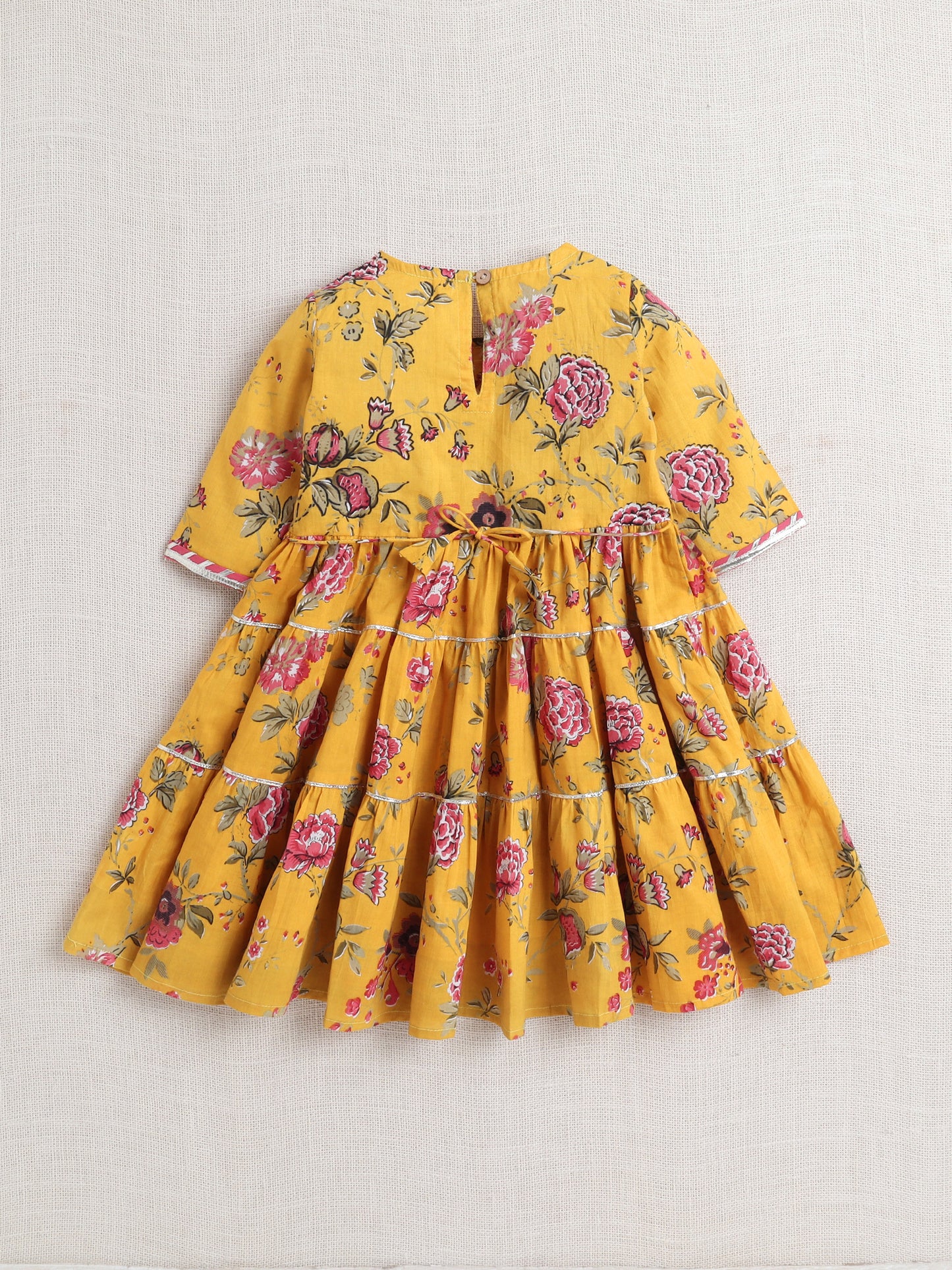 Printed Short Sleeves Gora Lace & Tassle Detailing Tiered Gota Dress For Girls