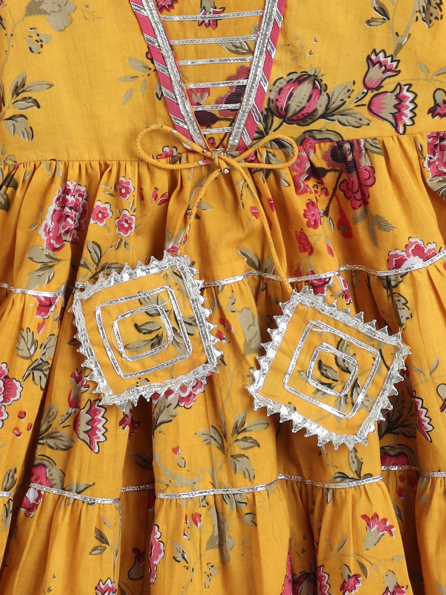 Printed Short Sleeves Gora Lace & Tassle Detailing Tiered Gota Dress For Girls