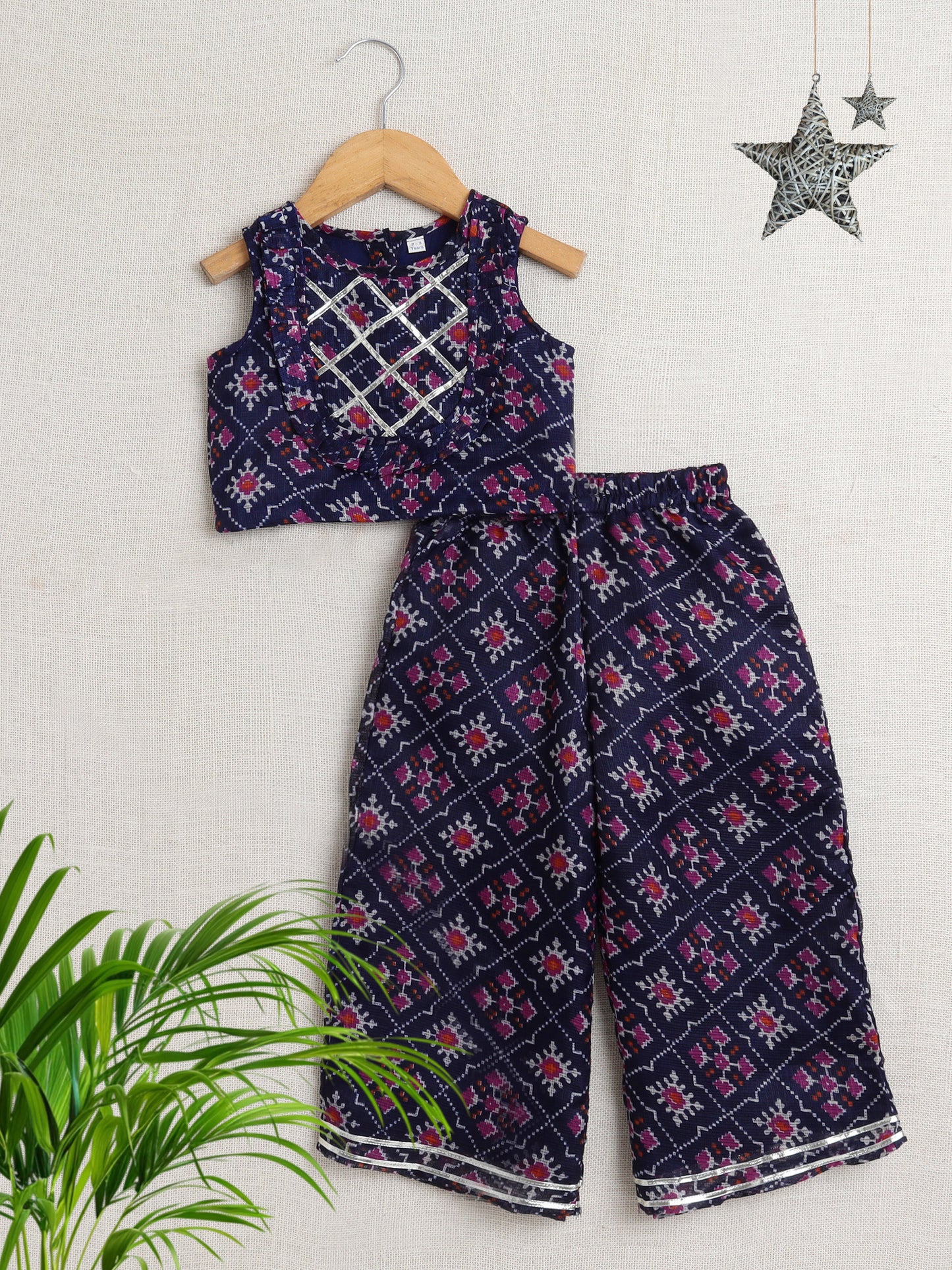 Sleeveless Floral Printed Gota Lace Embellished Top & Pant Set Co-Ords Set-Navy Blue