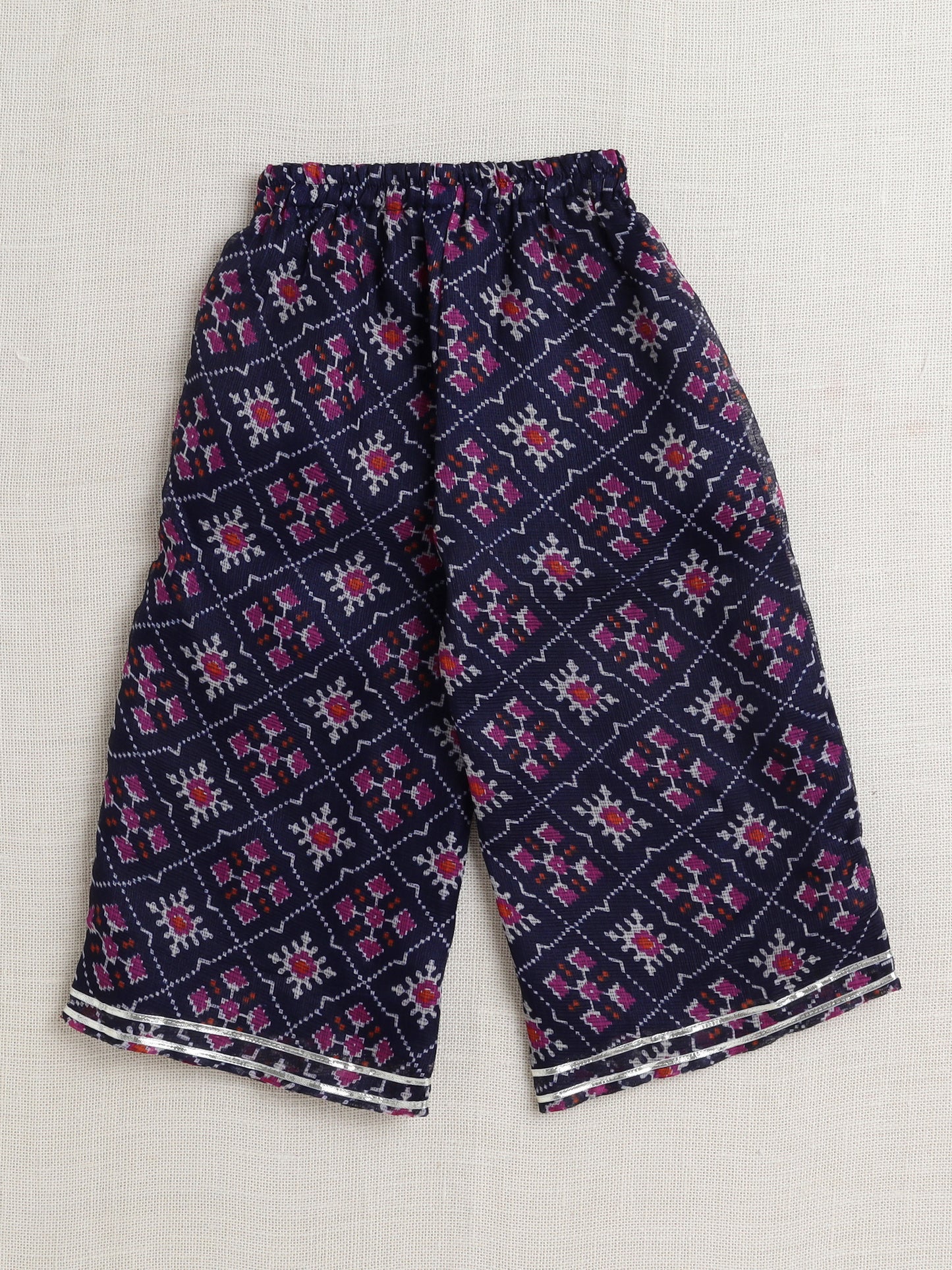 Sleeveless Floral Printed Gota Lace Embellished Top & Pant Set Co-Ords Set-Navy Blue