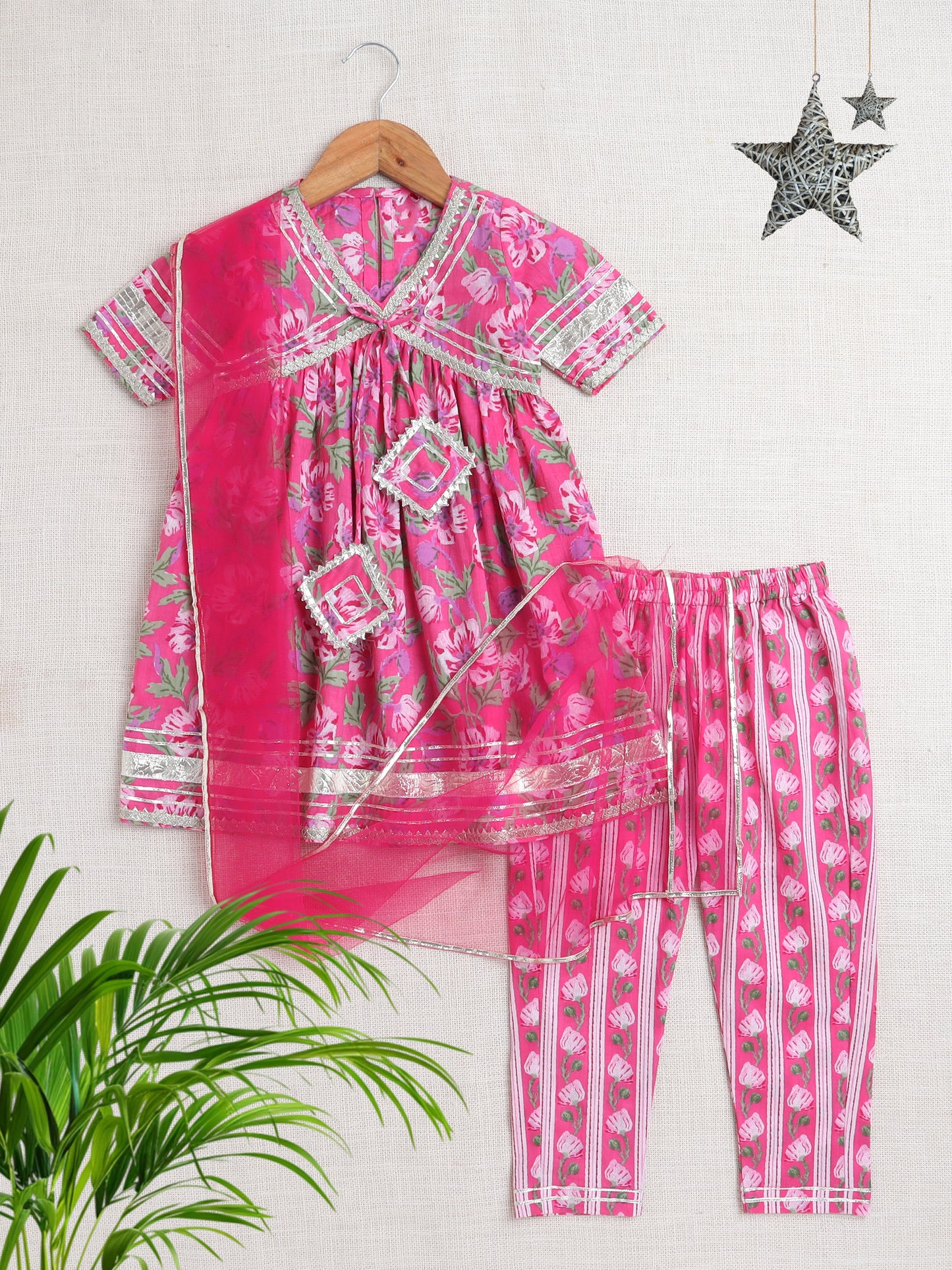 Floral Printed Elbow Sleeves Tassled Gathered Aliya Cut Kurta with Straight Pants With Dupatta-Fuchsia