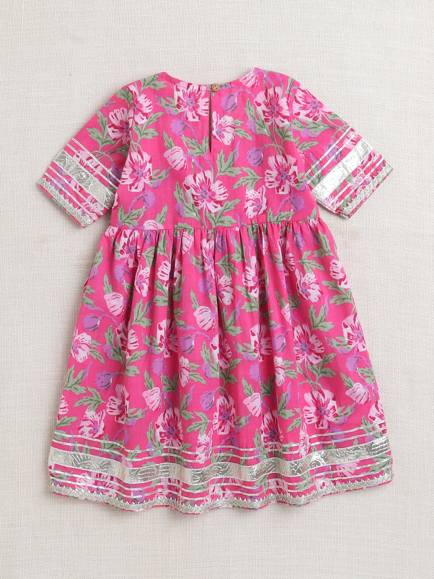 Floral Printed Elbow Sleeves Tassled Gathered Aliya Cut Kurta with Straight Pants With Dupatta-Fuchsia