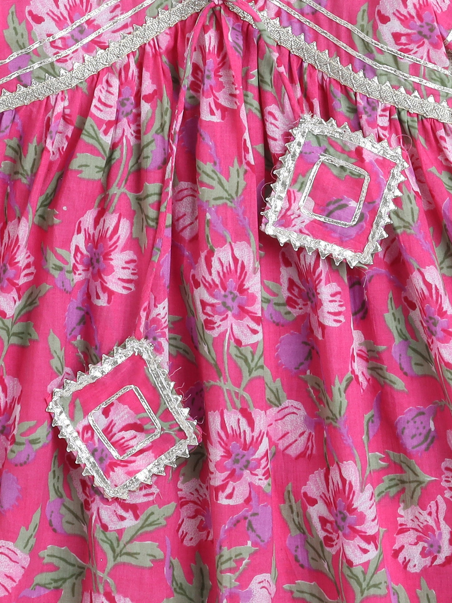 Floral Printed Elbow Sleeves Tassled Gathered Aliya Cut Kurta with Straight Pants With Dupatta-Fuchsia