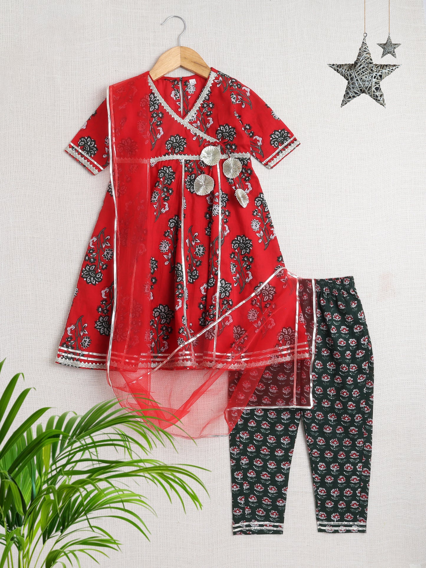 Floral Printed Elbow Sleeves Gota Lace Tassled Anarkali Kurti And Pant Set With Dupatta-Red
