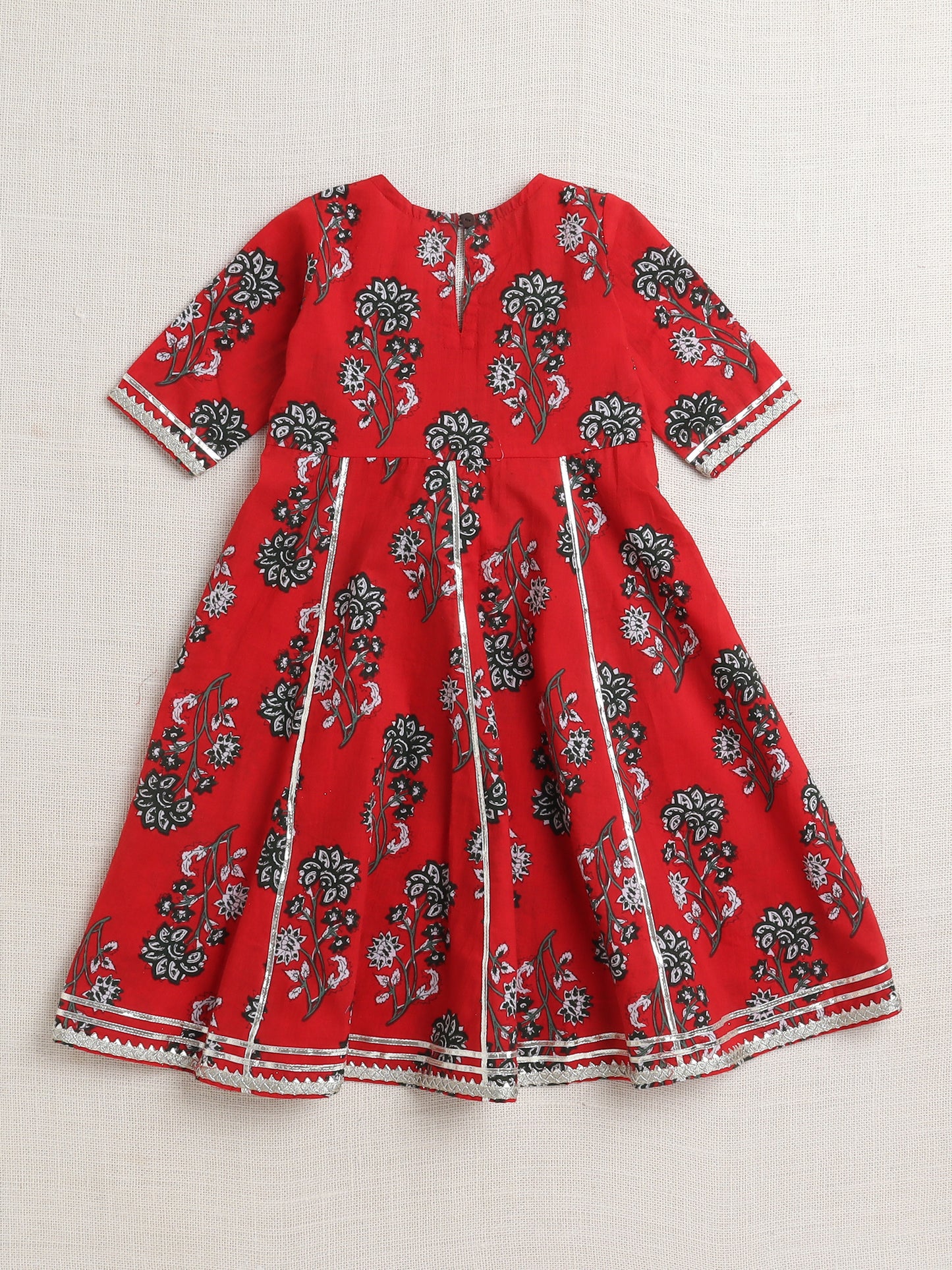 Floral Printed Elbow Sleeves Gota Lace Tassled Anarkali Kurti And Pant Set With Dupatta-Red