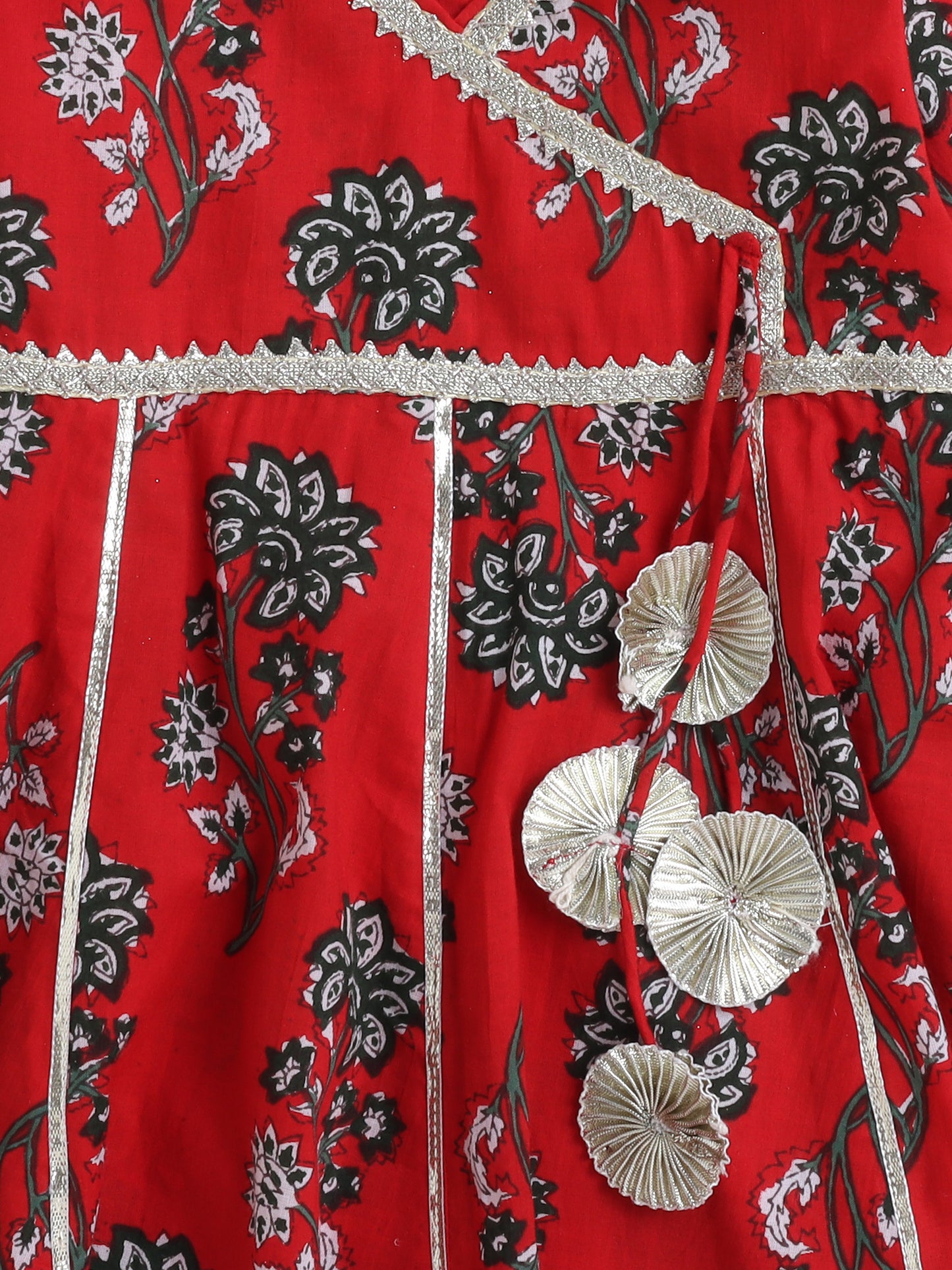 Floral Printed Elbow Sleeves Gota Lace Tassled Anarkali Kurti And Pant Set With Dupatta-Red