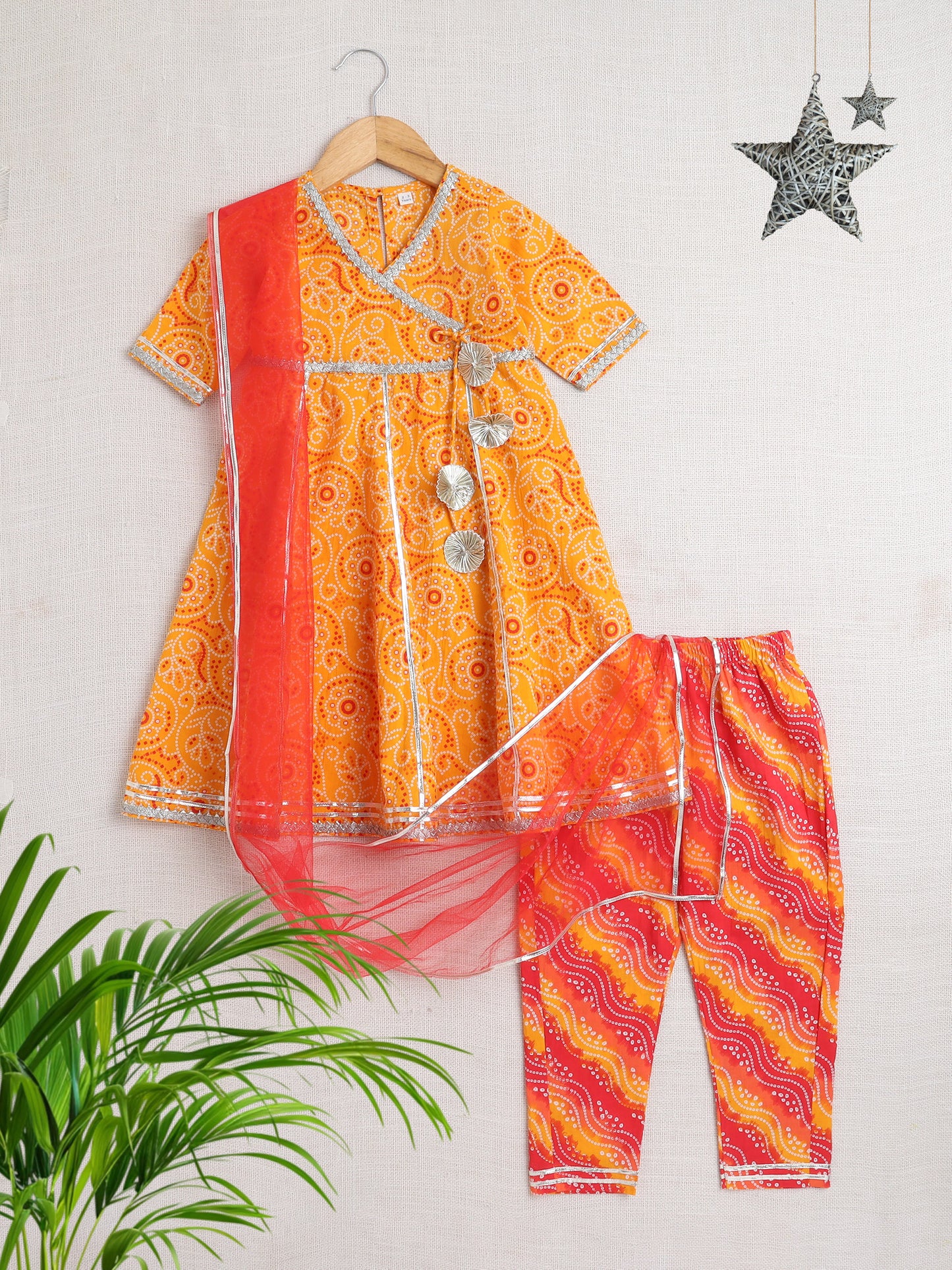 Bandhani Printed Elbow Sleeves Tassled Gathered Anarkali Kurti And Pant Set With Dupatta-Yellow