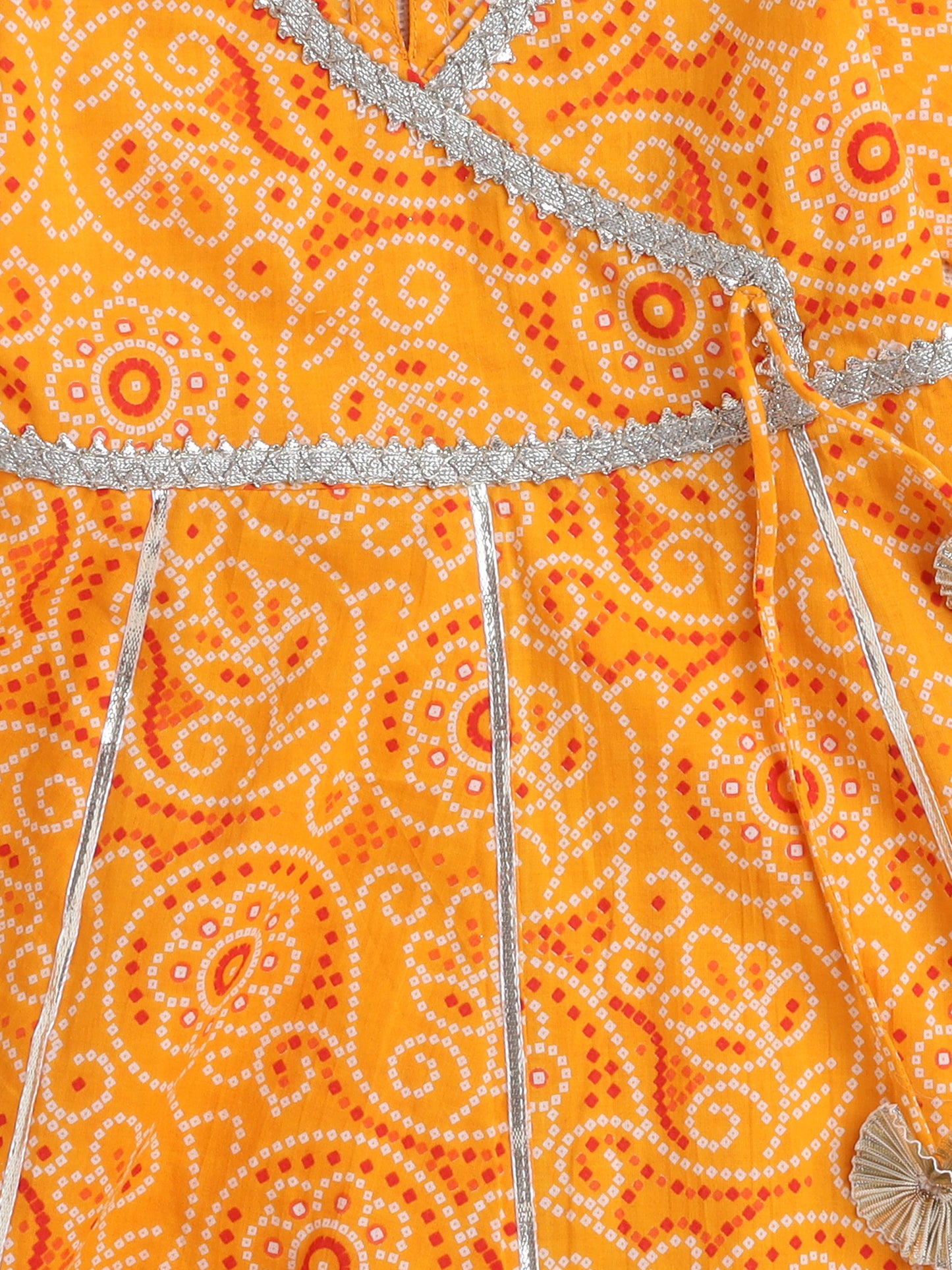 Bandhani Printed Elbow Sleeves Tassled Gathered Anarkali Kurti And Pant Set With Dupatta-Yellow