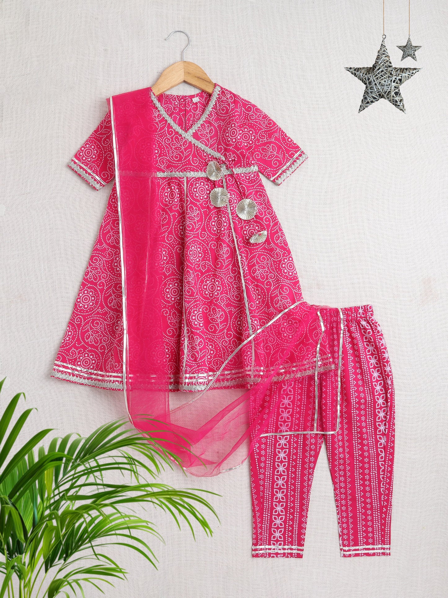 Bandhani Printed Elbow Sleeves Tassled Gathered Anarkali Kurti And Pant Set With Dupatta-Fuchsia