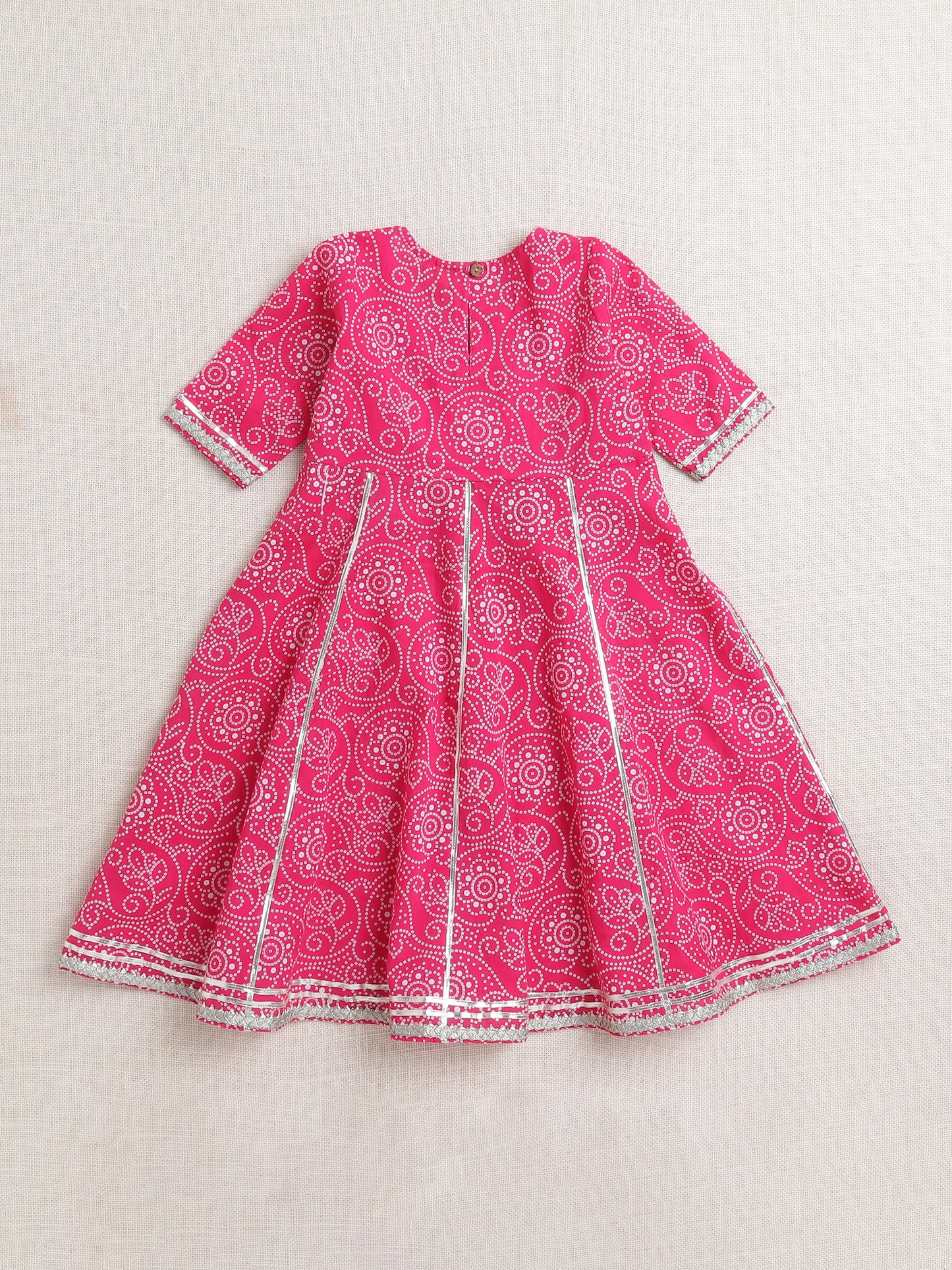 Bandhani Printed Elbow Sleeves Tassled Gathered Anarkali Kurti And Pant Set With Dupatta-Fuchsia