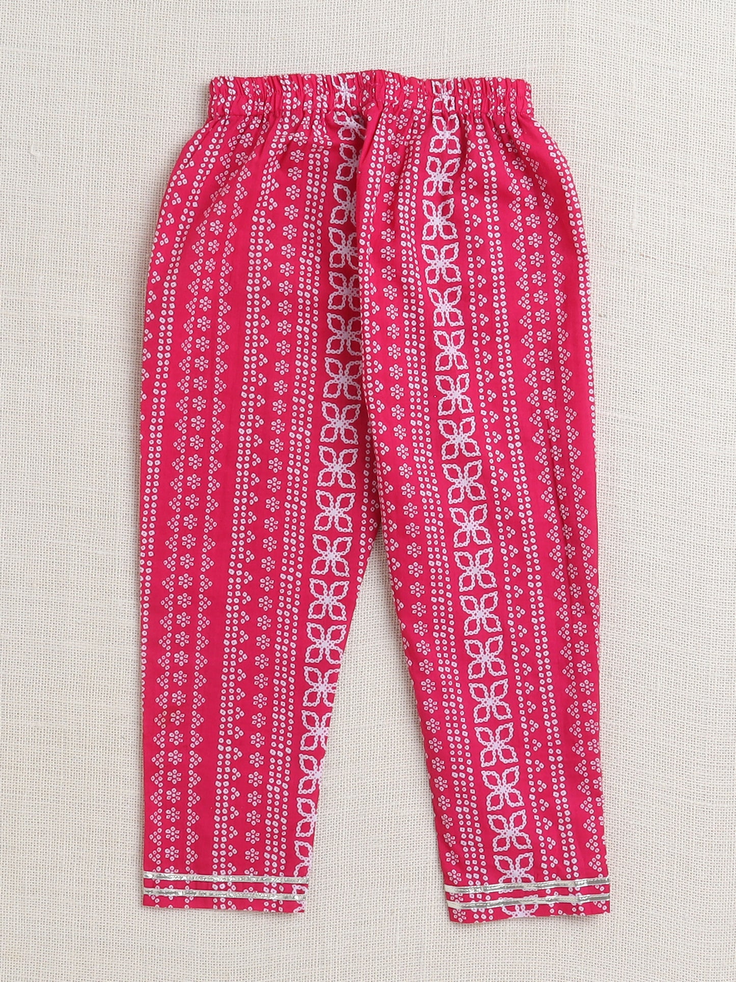 Bandhani Printed Elbow Sleeves Tassled Gathered Anarkali Kurti And Pant Set With Dupatta-Fuchsia