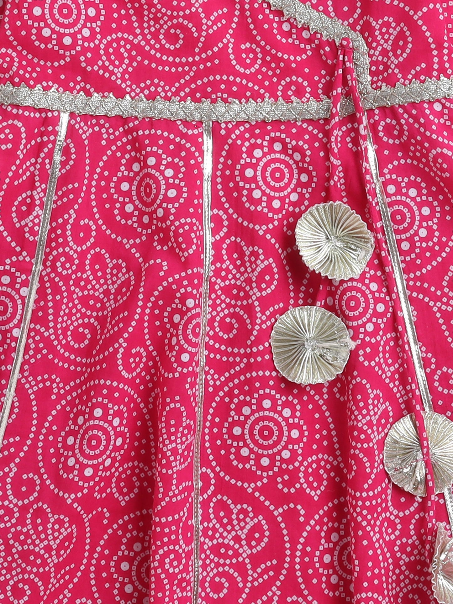Bandhani Printed Elbow Sleeves Tassled Gathered Anarkali Kurti And Pant Set With Dupatta-Fuchsia