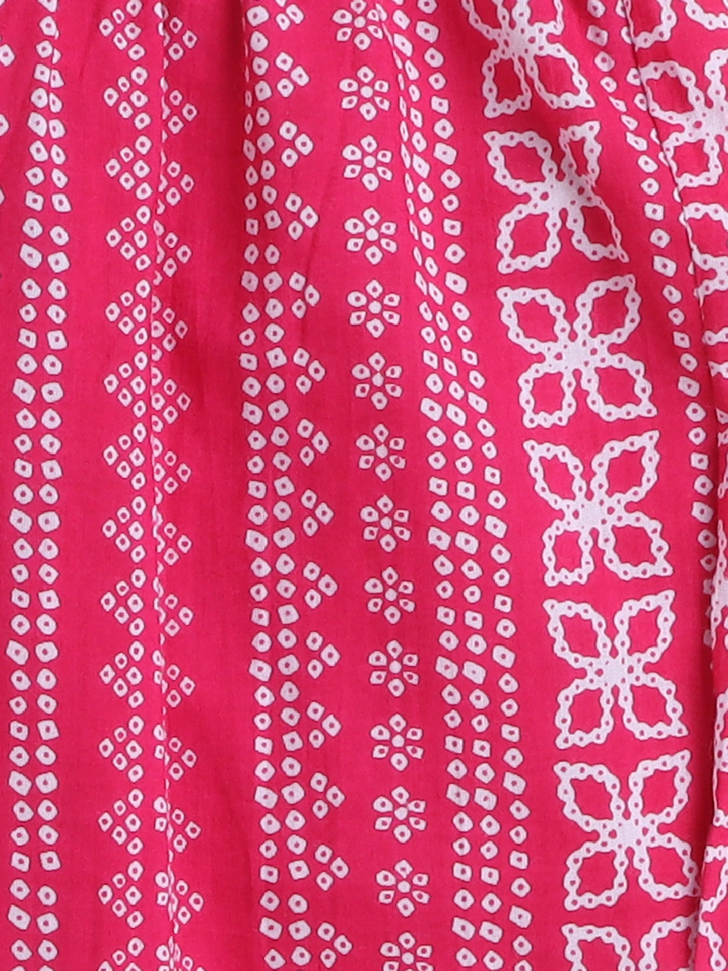 Bandhani Printed Elbow Sleeves Tassled Gathered Anarkali Kurti And Pant Set With Dupatta-Fuchsia
