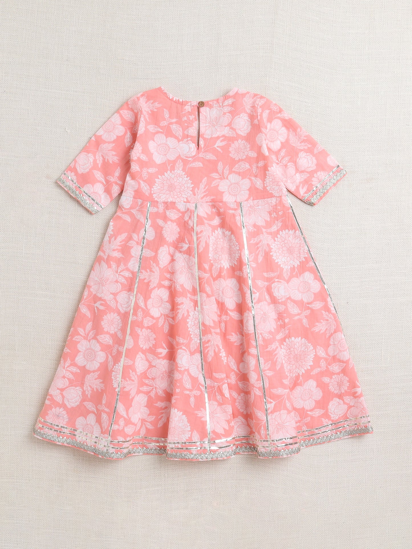 Floral Printed Elbow Sleeves Gota Lace Tassled Anarkali Kurti And Pant Set-Peach