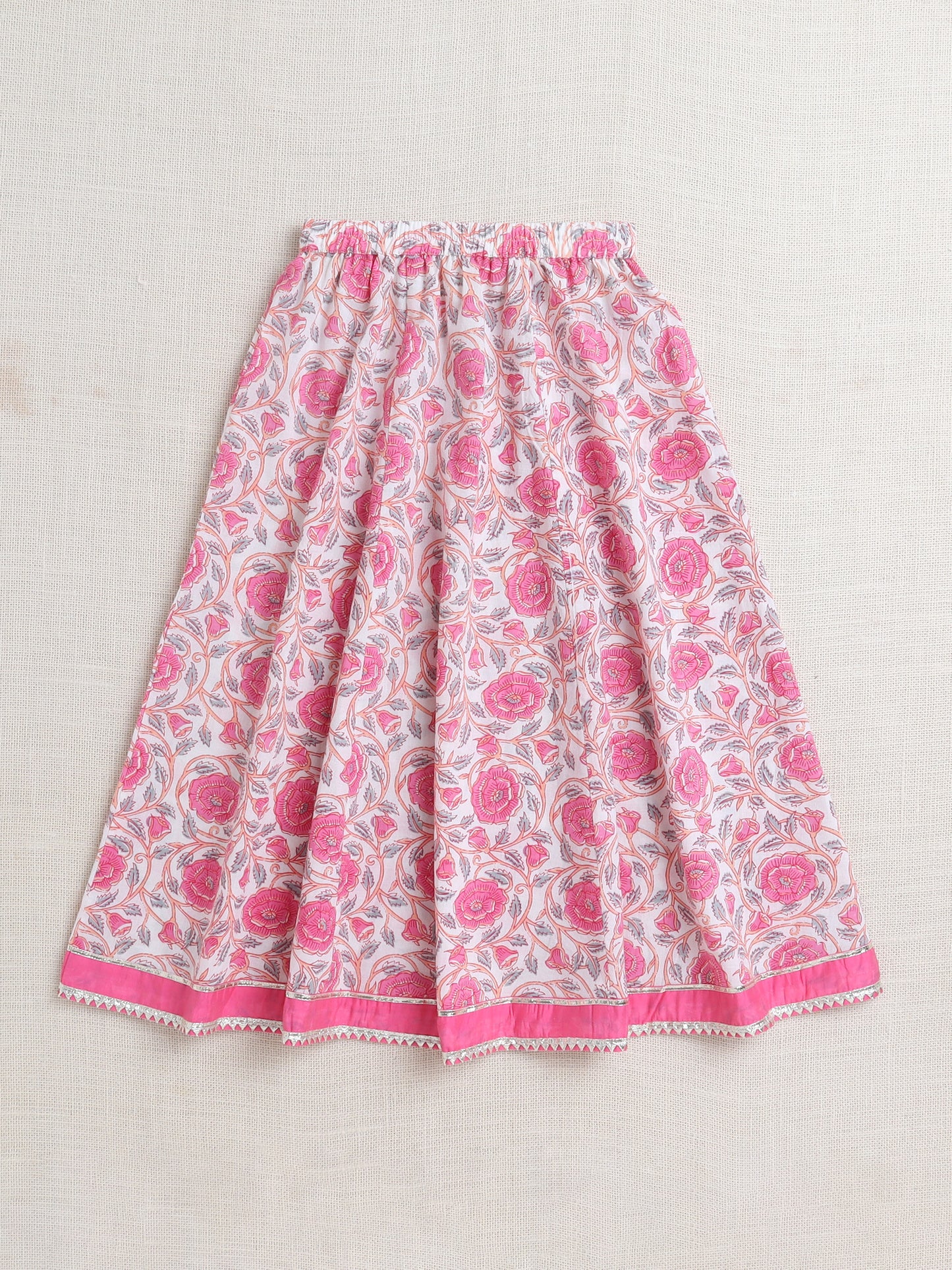 Floral Printed Sleeveless Gota Lace Embelished Lehenga Choli Set With Dupatta-Pink
