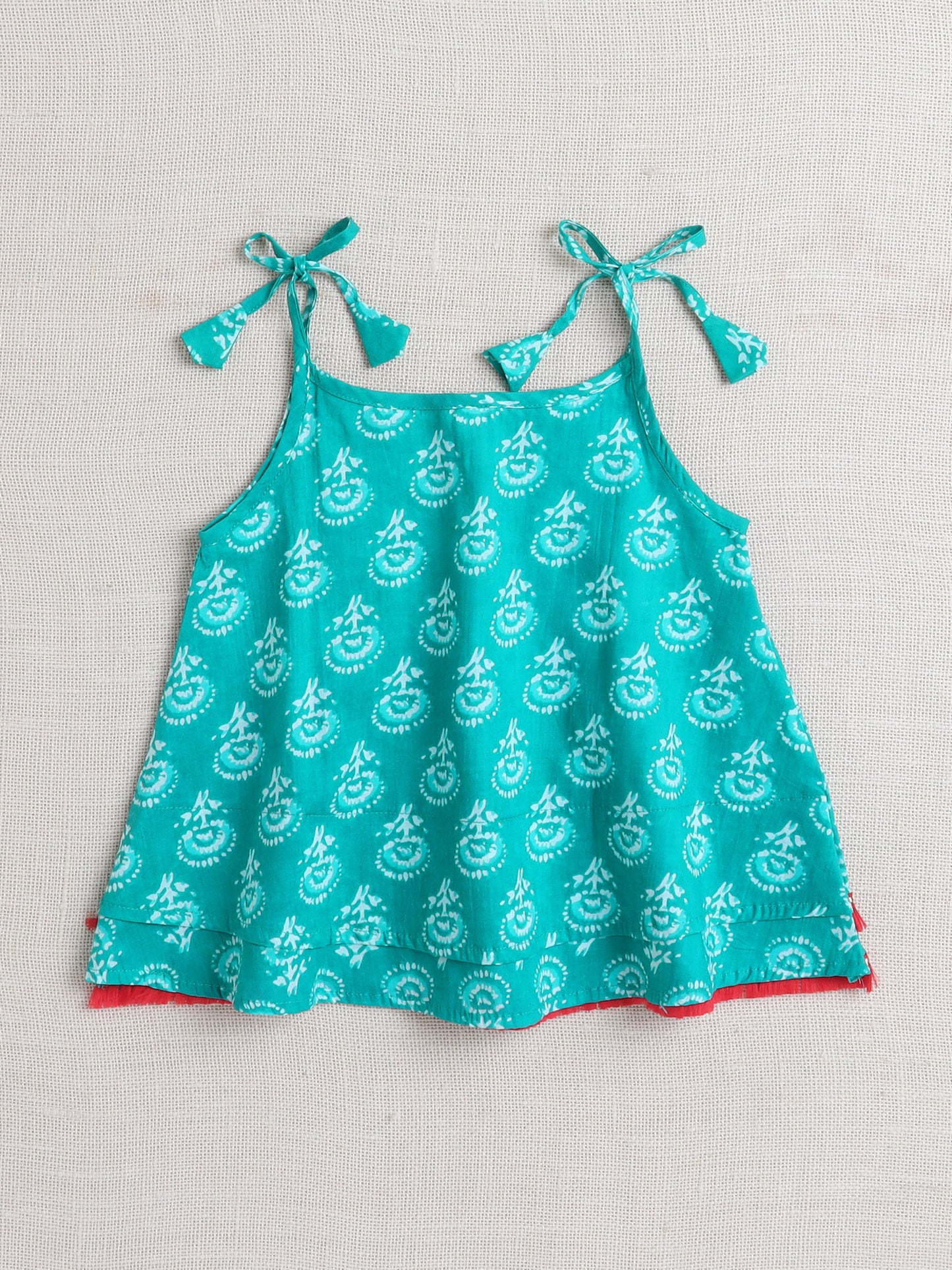 Sleeveless Tie Up All over Print with Lace Kurta Dhoti Set for Navratri-Teal