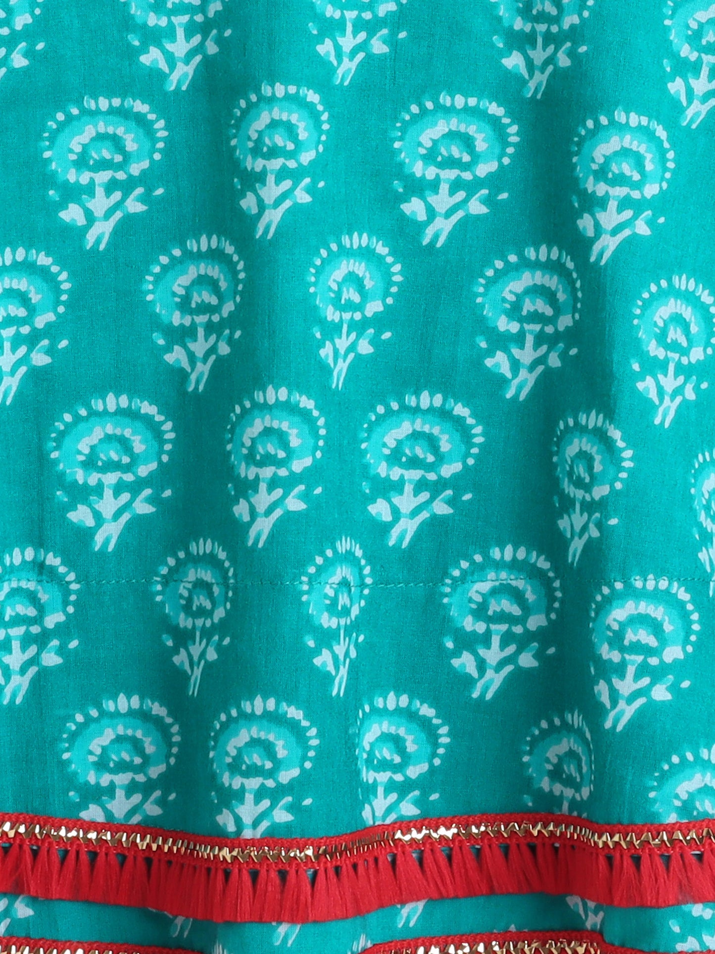 Sleeveless Tie Up All over Print with Lace Kurta Dhoti Set for Navratri-Teal