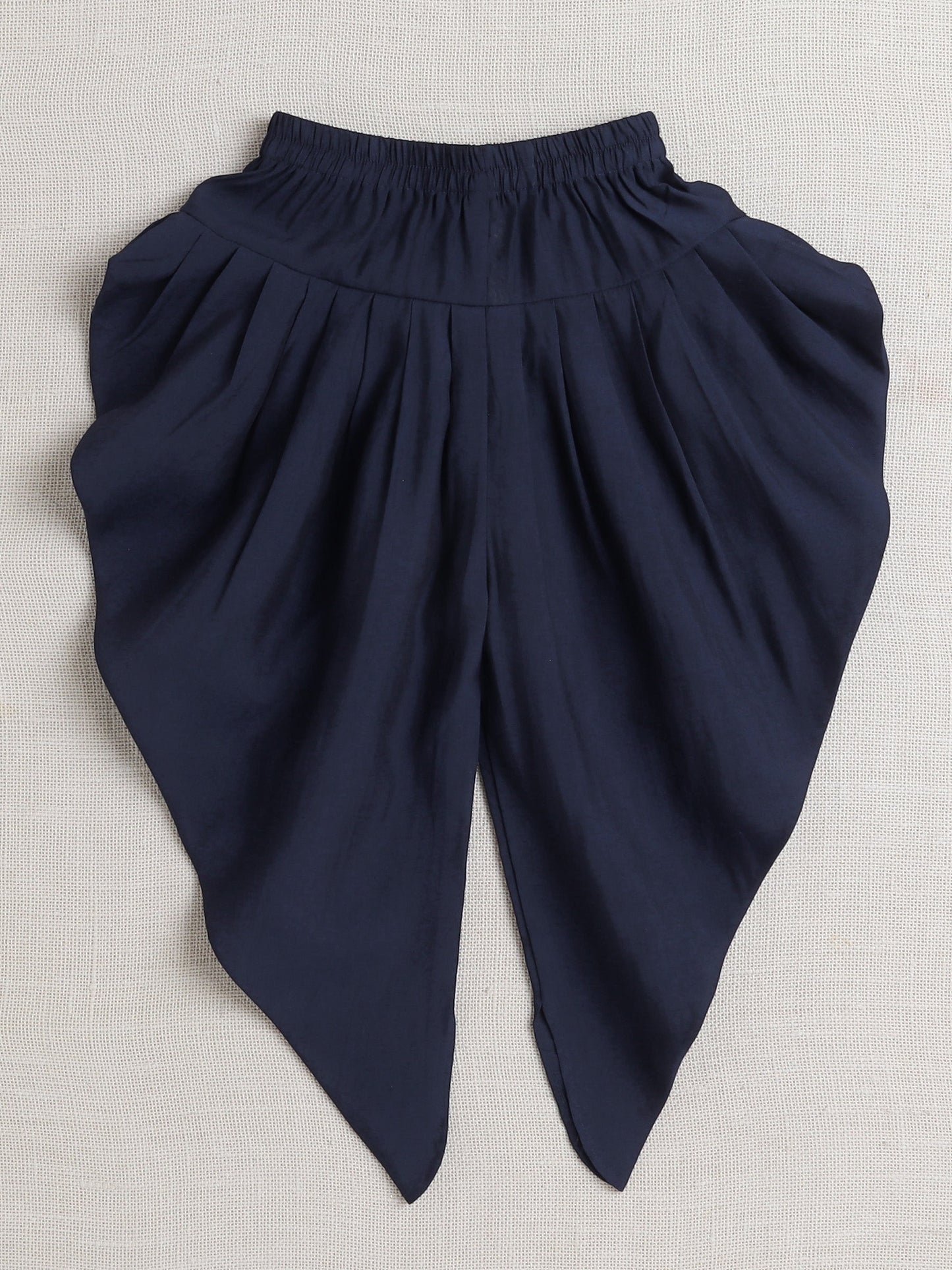 Sleeveless Lace Embellished Leaves Printed Kurta with Solid Dhoti Set - Navy Blue