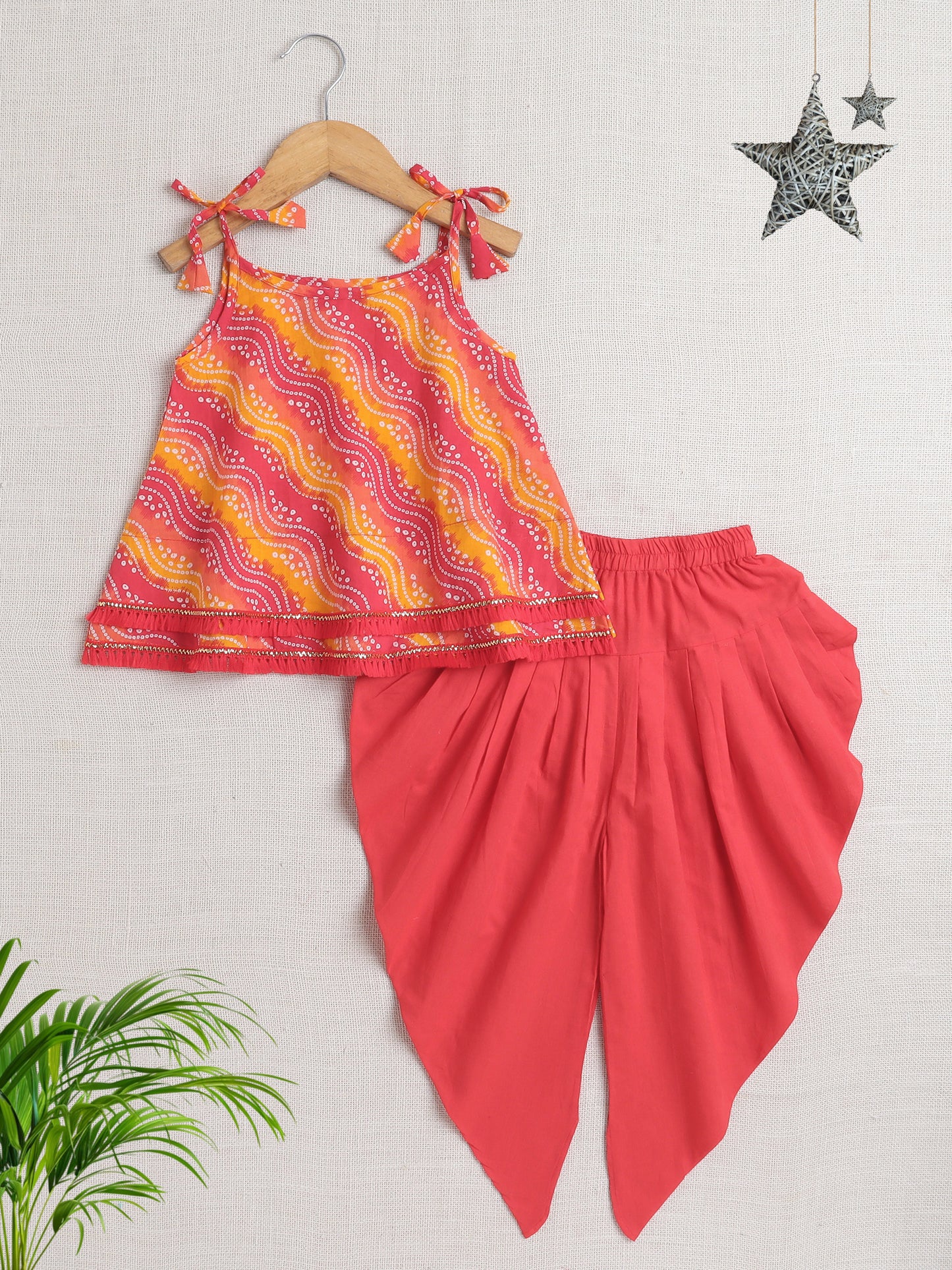 Sleeveless Tie Up All over Print with Lace Kurta Dhoti Set for Navratri- Red