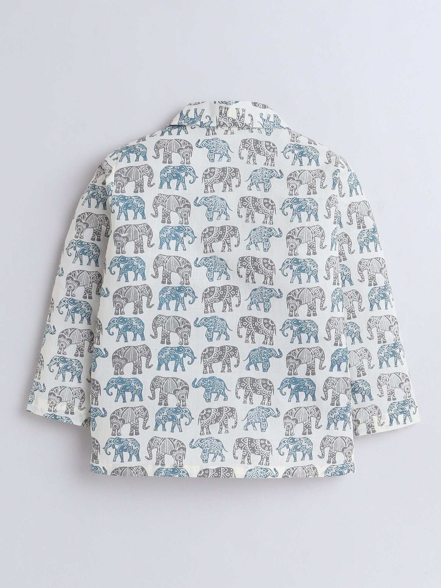 Cotton Woven Full Sleeves Elephants Printed Coordinating Night Suit Set - Off White