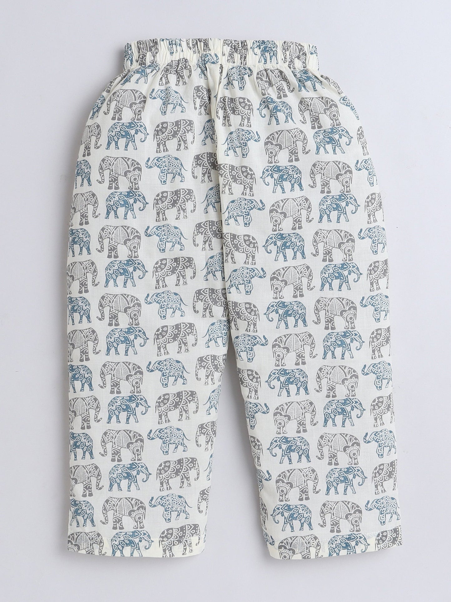 Cotton Woven Full Sleeves Elephants Printed Coordinating Night Suit Set - Off White