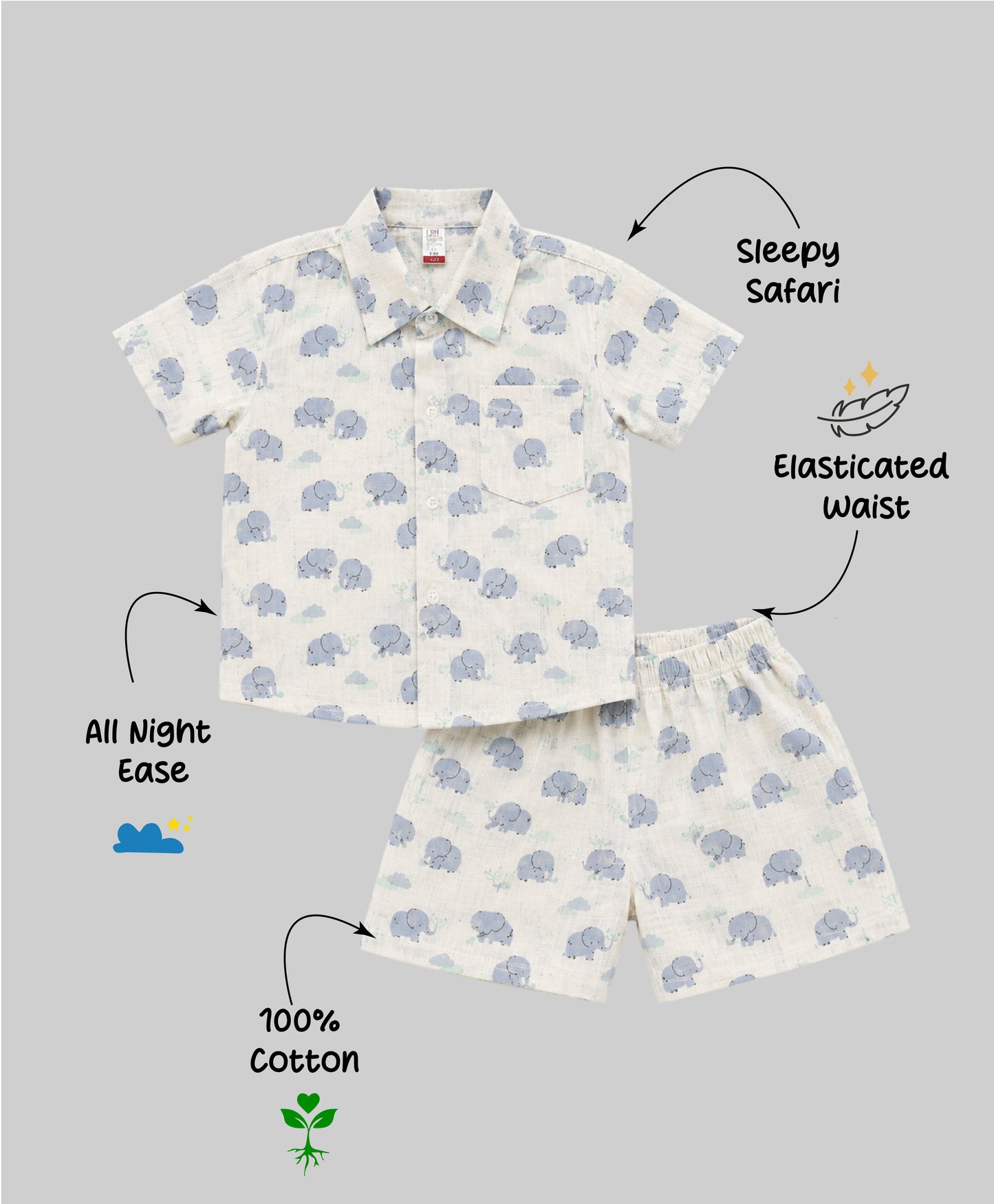 The Magic Wand Double Gauge Cotton Woven Half Sleeves Elephant Printed Coordinating Shirt And Shorts Night Suit - White