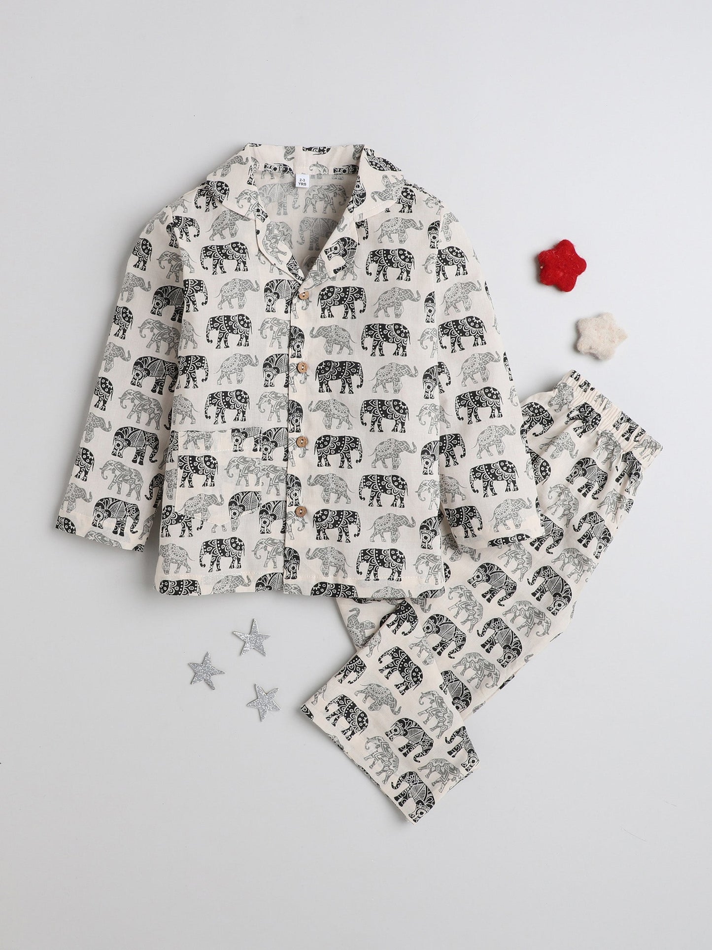 The Magic Wand Full Sleeves Elephant Printed Cotton Lounge Wear Night Suit Set For Kids Beige