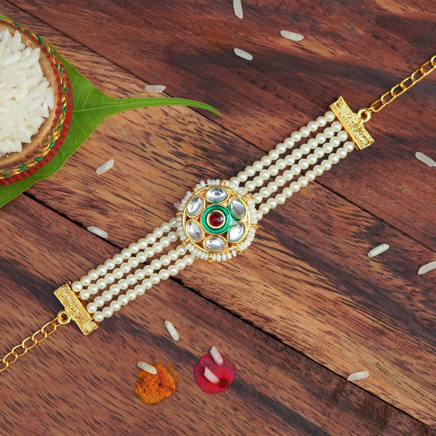 The Magic Wand Traditional Handmade Mini Pearl Kundan Bracelet Rakhi-Multicolour