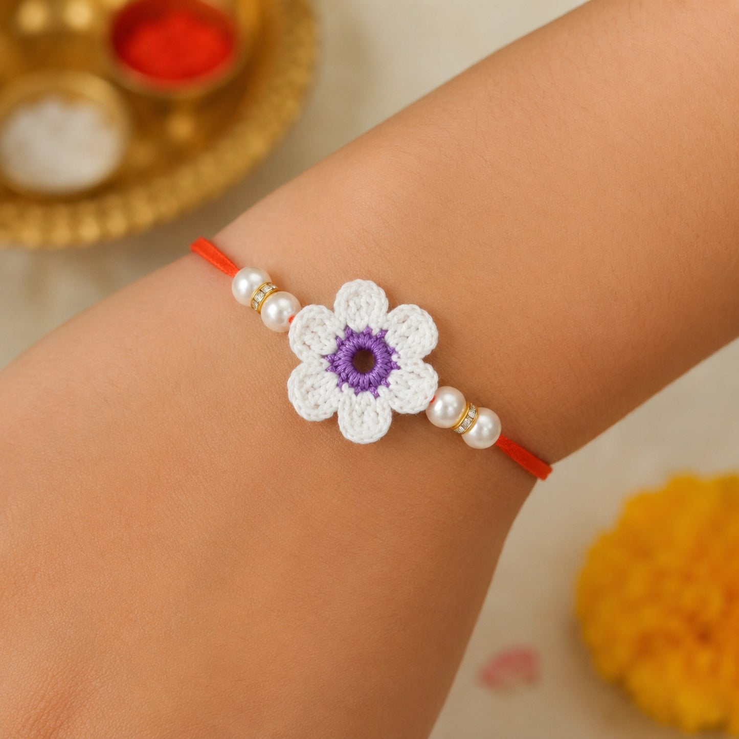 The Magic Wand Trendy Handcrafted Crochet Flower Shaped Rakhi - White