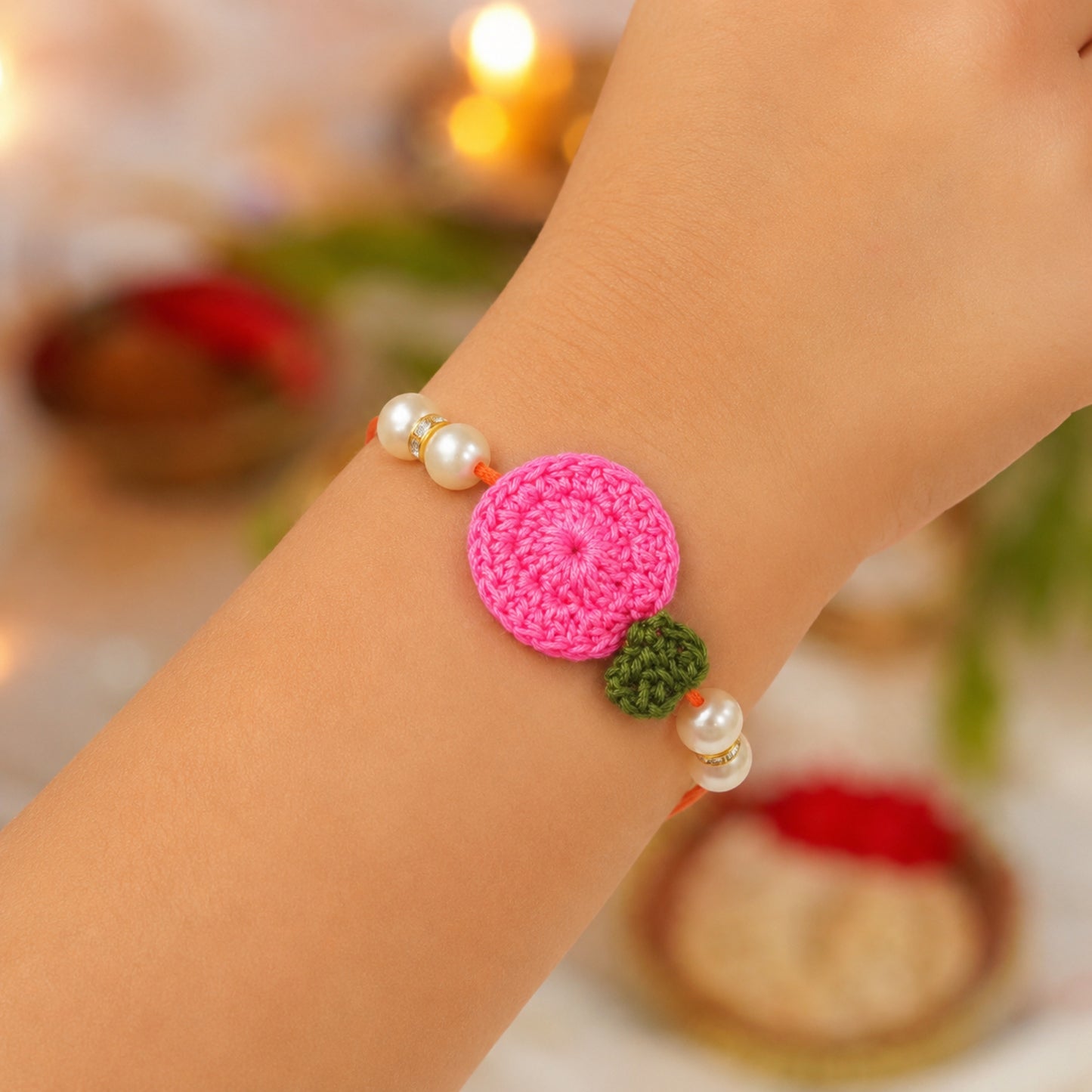 The Magic Wand Trendy Handcrafted Crochet Flower Shaped Rakhi - Pink