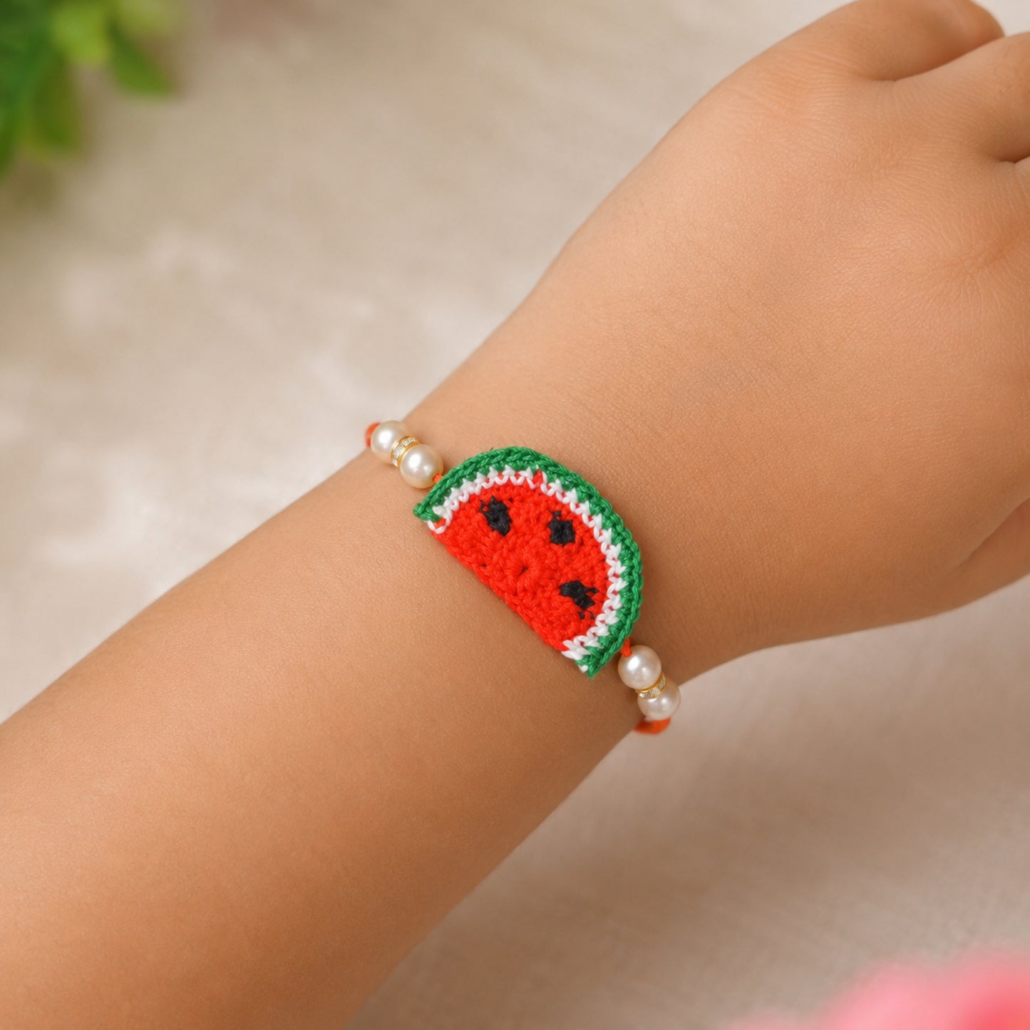 The Magic Wand Trendy Handcrafted Crochet Watermelon Shaped Rakhi - Red