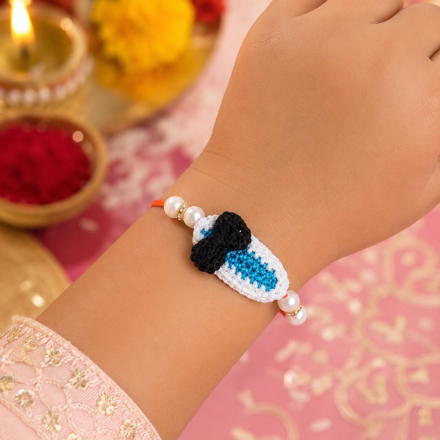 The Magic Wand Trendy Handcrafted Crochet Heart Shaped Rakhi - Blue