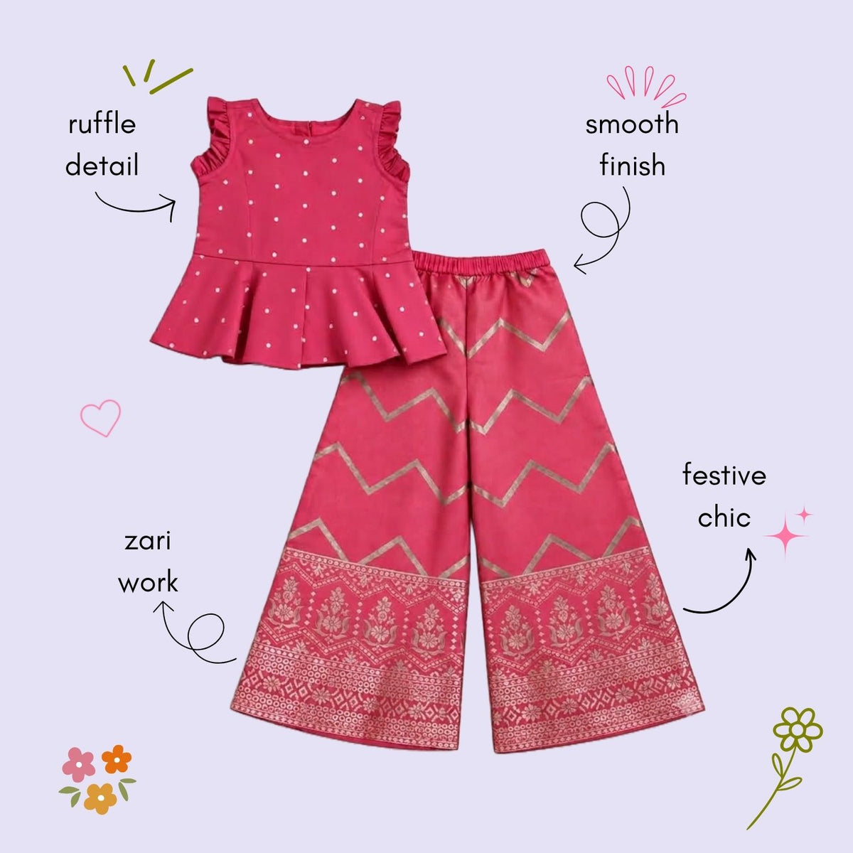 The Magic Wand Woven Sleeveless Zari Butti Ruffle Detailed Top & Jacquard Chevron Pattern Palazzo Set-Coral
