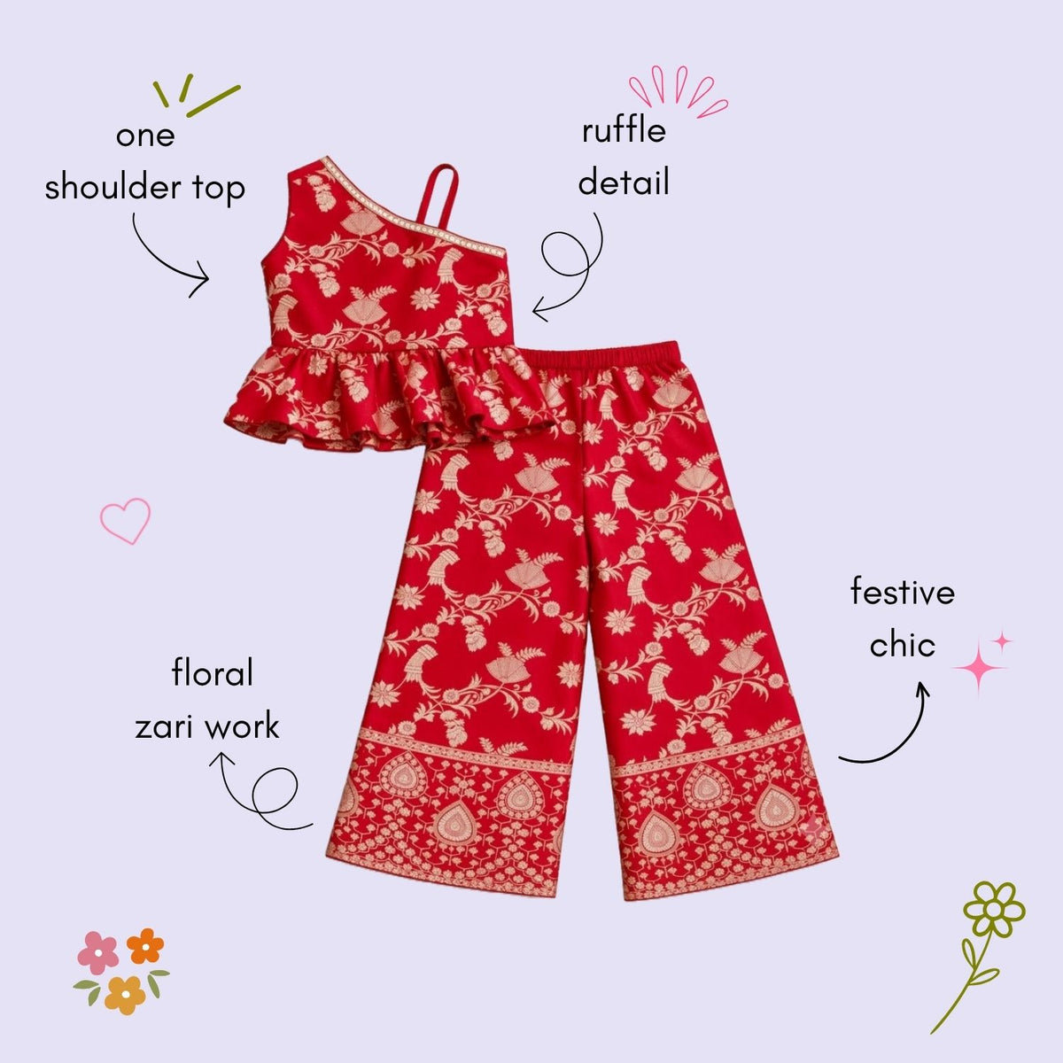 The Magic Wand Woven Jacquard One Shoulder Floral Zari Ruffle Detailed Top And Palazzo Set-Red