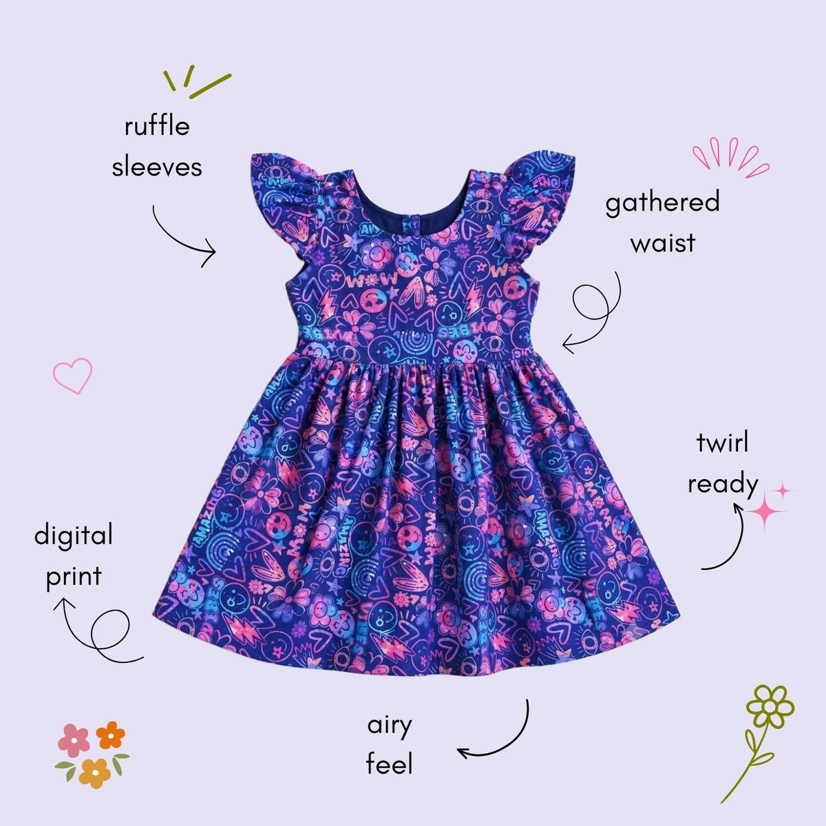 The Magic Wand Woven Ruffle Sleeves Schiffli Digital Printed Gathered Dress - Navy Blue