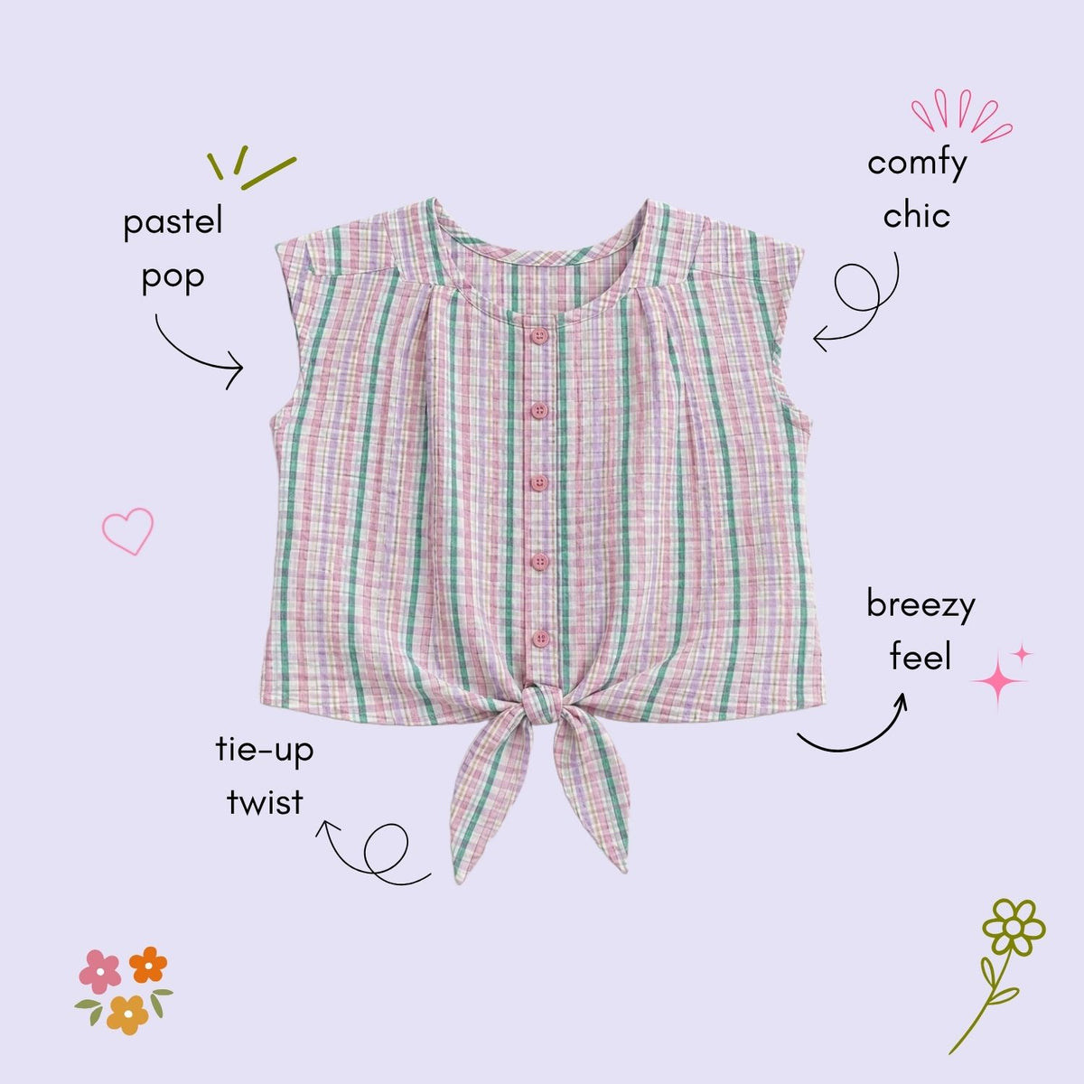 The Magic Wand Woven Sheer Sucker Cap Sleeves Checked Tie-Up Top-Pink